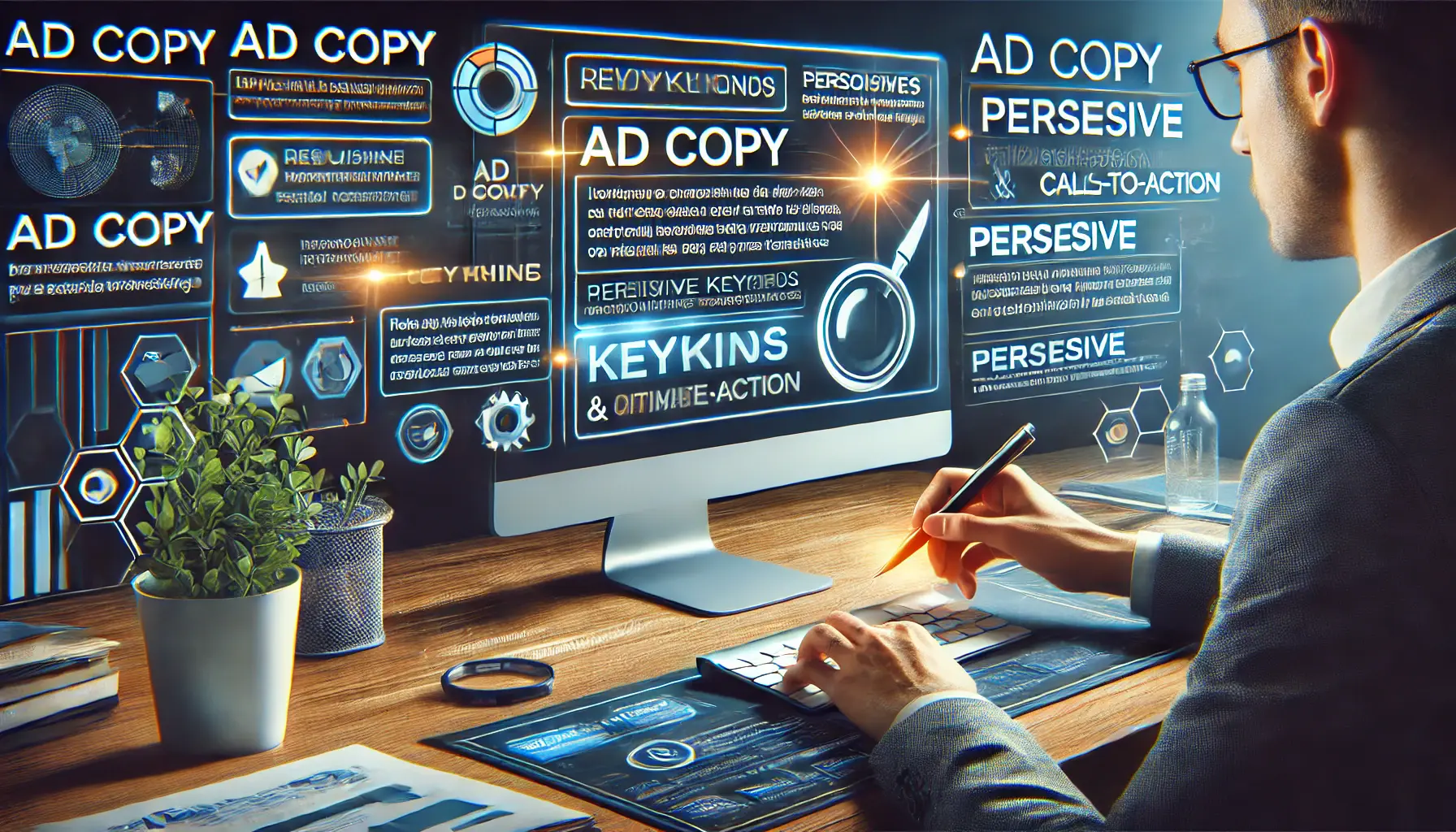 An illustration of a marketer optimizing ad copy, focusing on keywords, headlines, and calls-to-action for targeted campaigns.