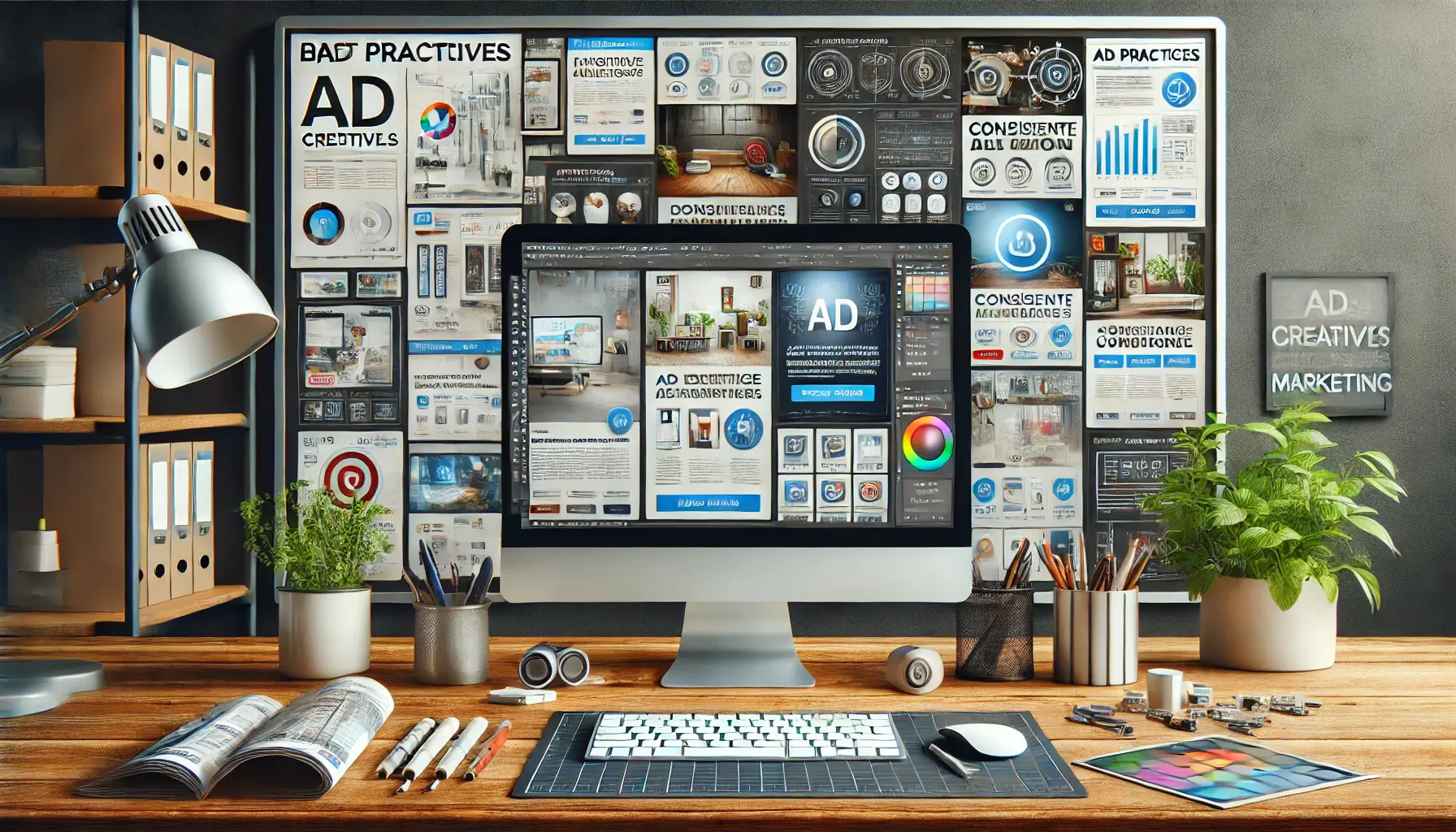 A digital marketing workspace with a computer screen displaying multiple ad design variations, showcasing high-quality images, consistent branding, and clear calls to action.