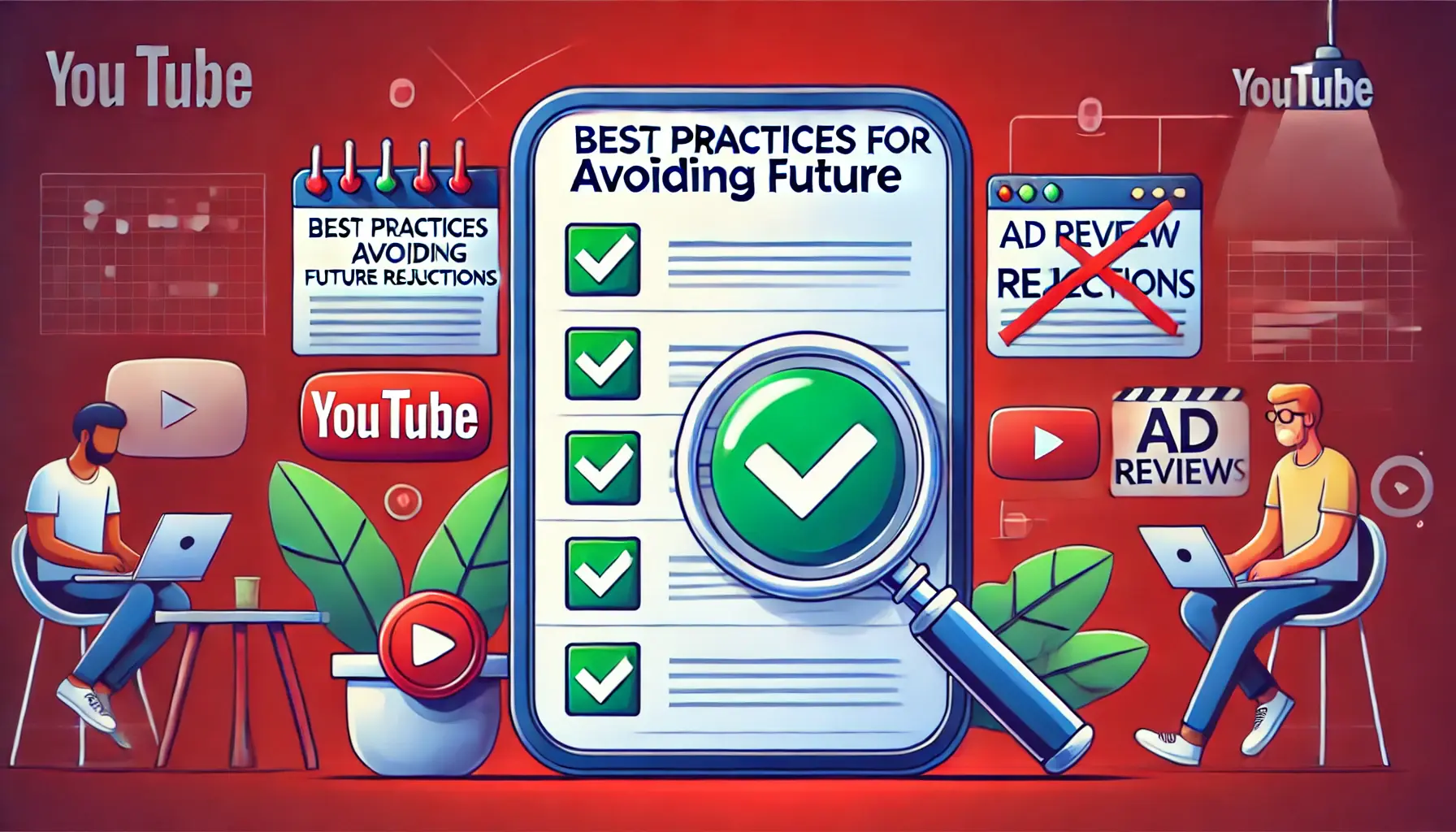 An image showing a checklist with green checkmarks, a magnifying glass inspecting ad content, and a digital ad review interface.