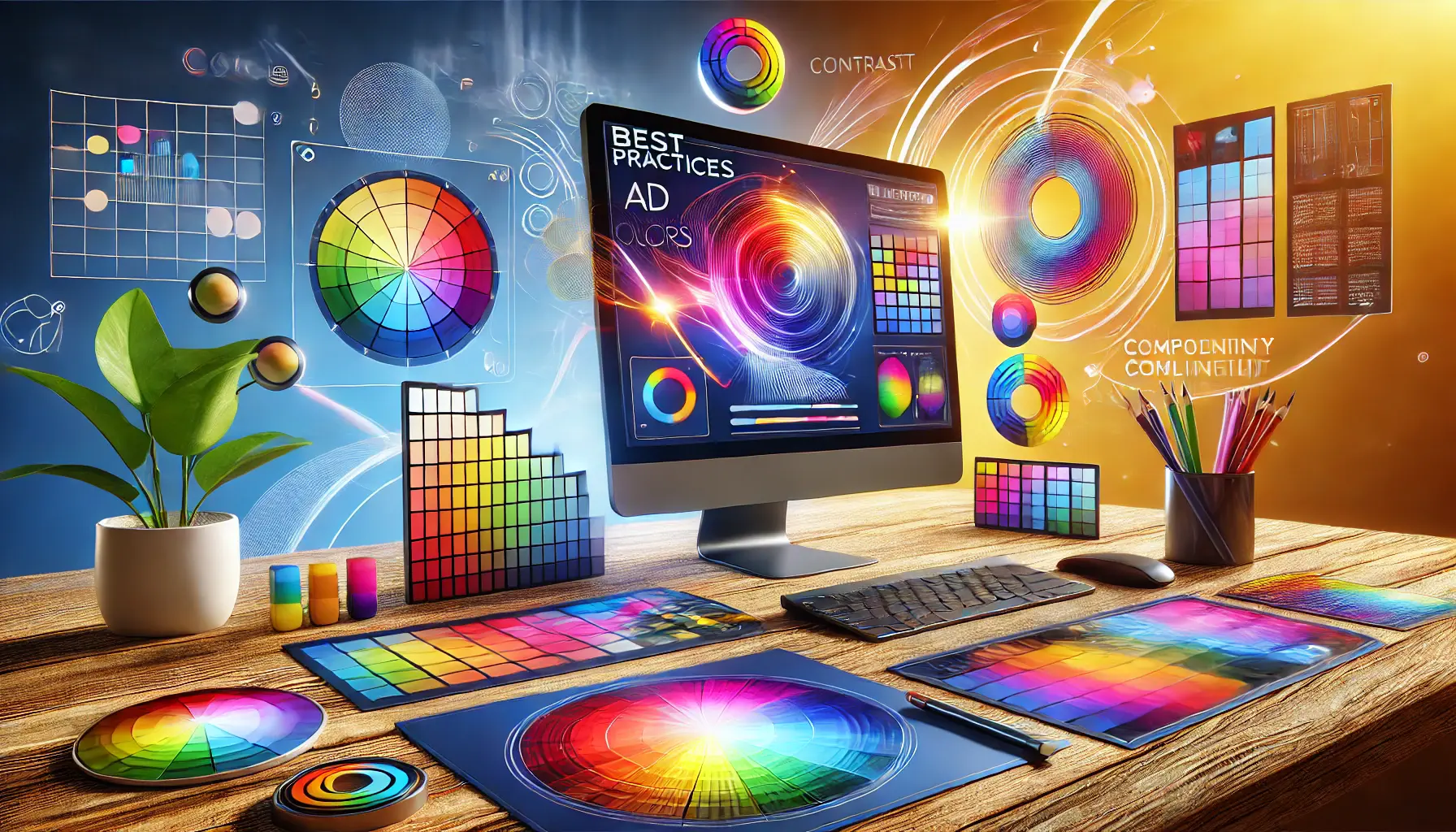 A digital workspace showing a color palette, a color wheel, and vibrant ad designs with harmonious color combinations on a computer screen.