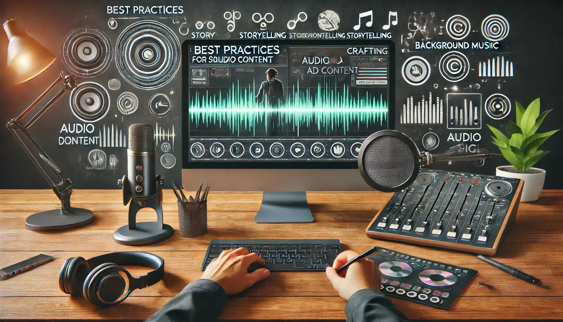 A digital illustration of a creative workspace with a computer screen displaying audio editing software showing soundwaves, storytelling, background music, and brand symbols, with a microphone and headphones on the desk.