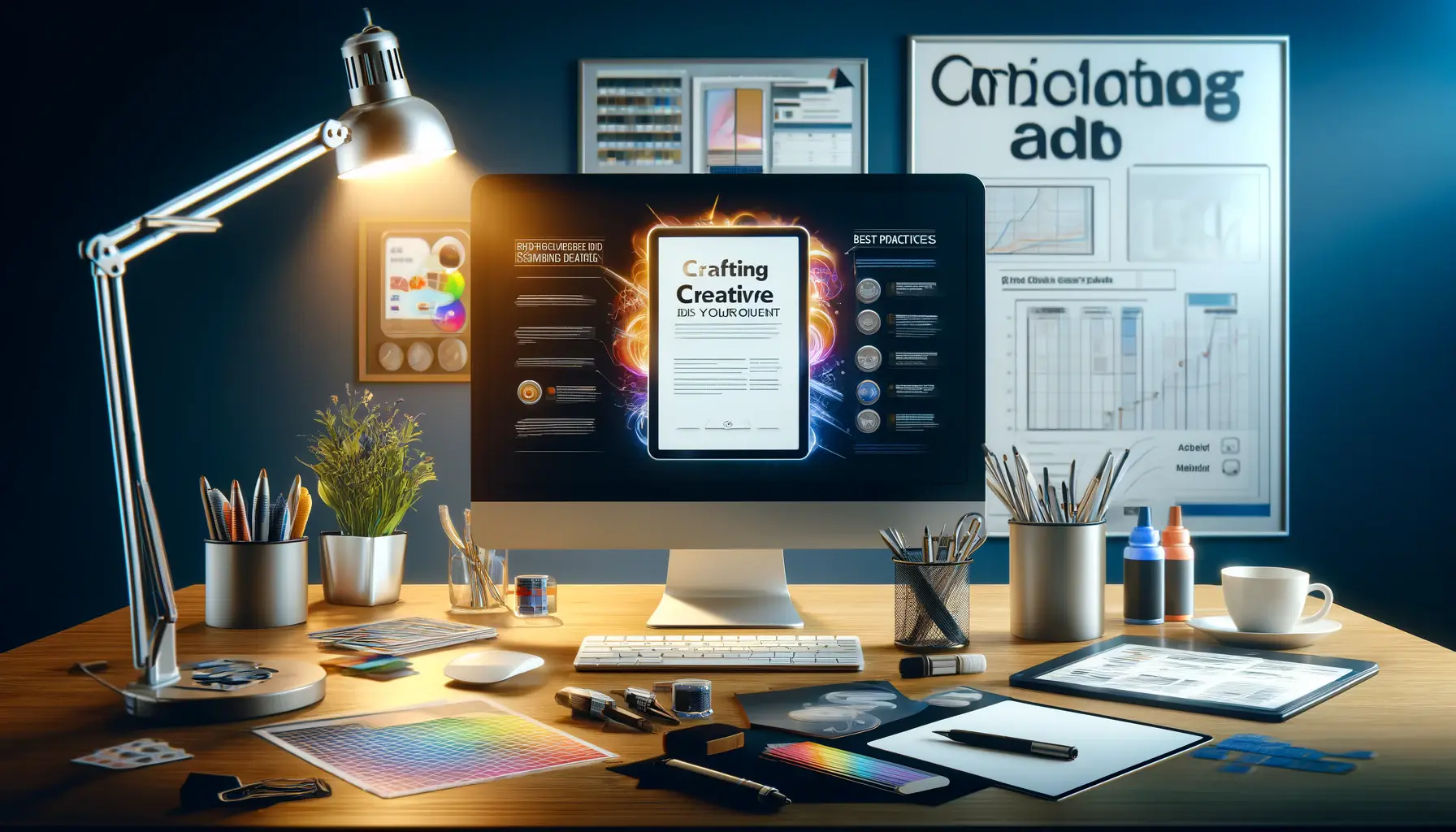 A professional workspace with a monitor displaying a well-designed ad and tools like sketches and color palettes.