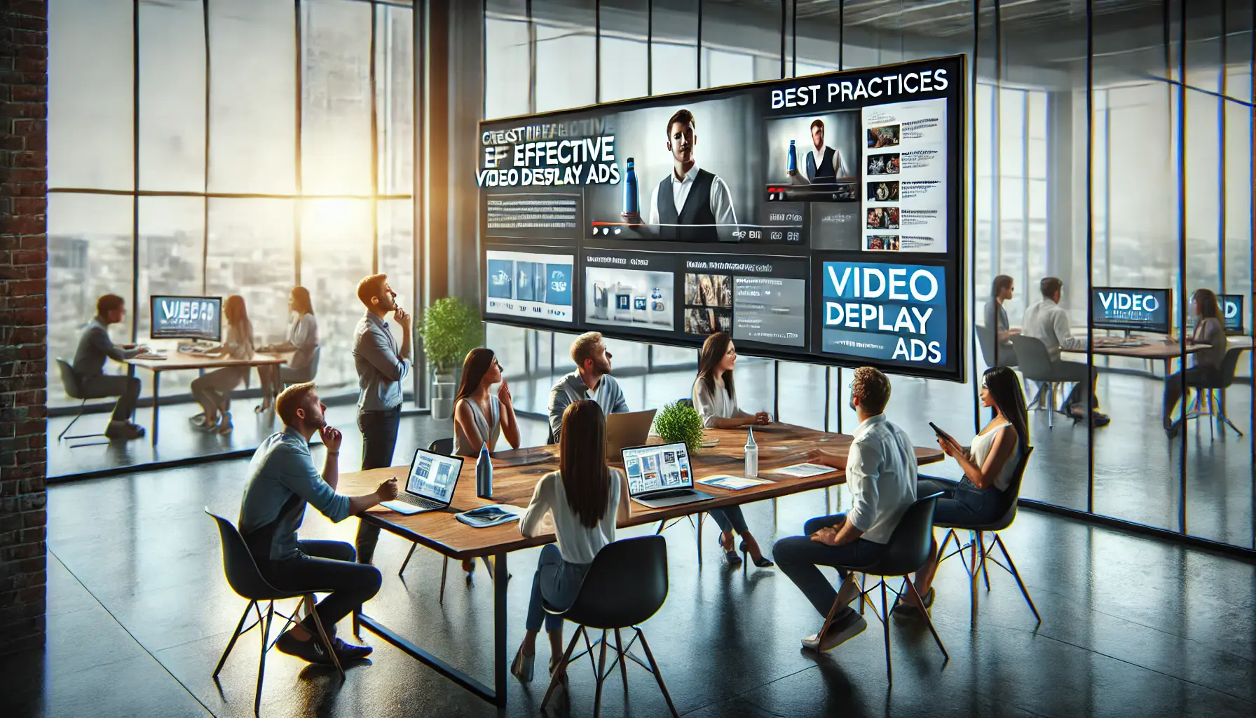 A creative team in a modern office discussing best practices for optimizing video display ads, with a large screen showing the ad.