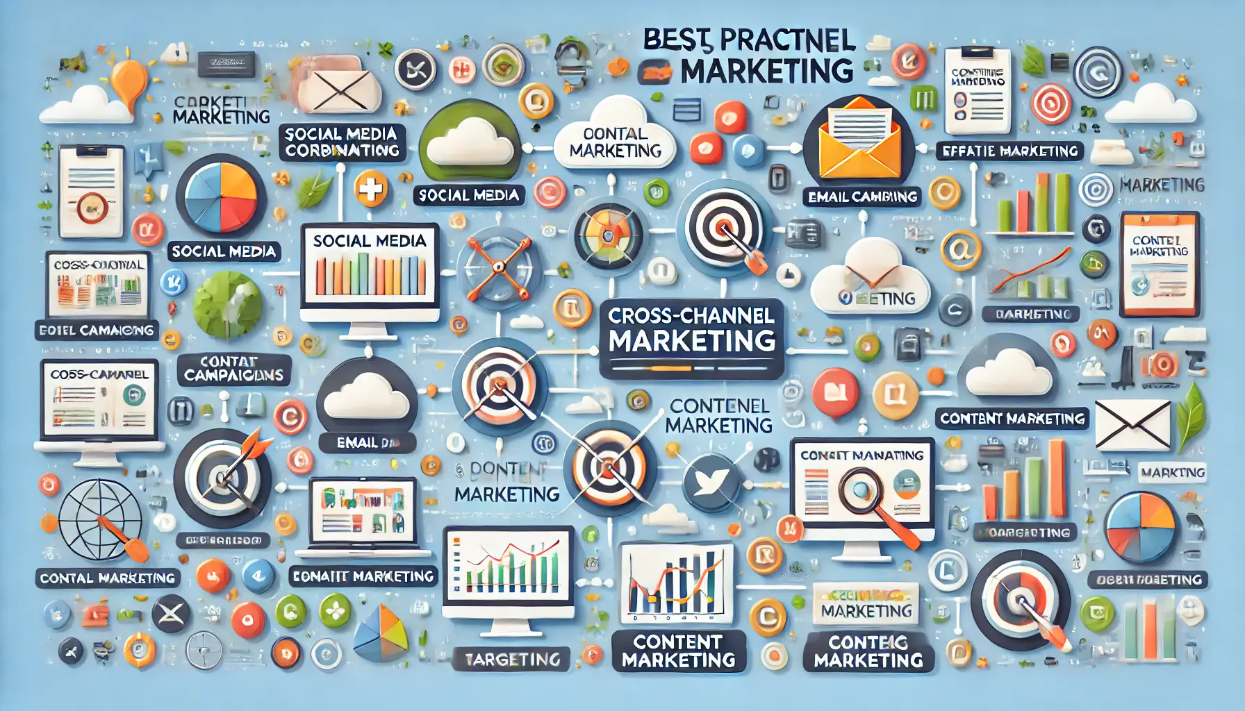 An image depicting best practices for cross-channel marketing, with interconnected elements like social media, email campaigns, content marketing, and analytics dashboards, all part of a synchronized strategy.