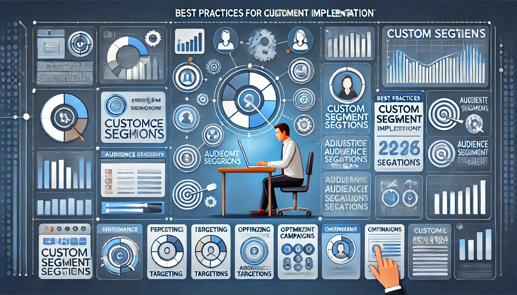 An image showing a digital marketer analyzing performance data and adjusting custom audience segments, with visual elements like graphs and user profile icons.