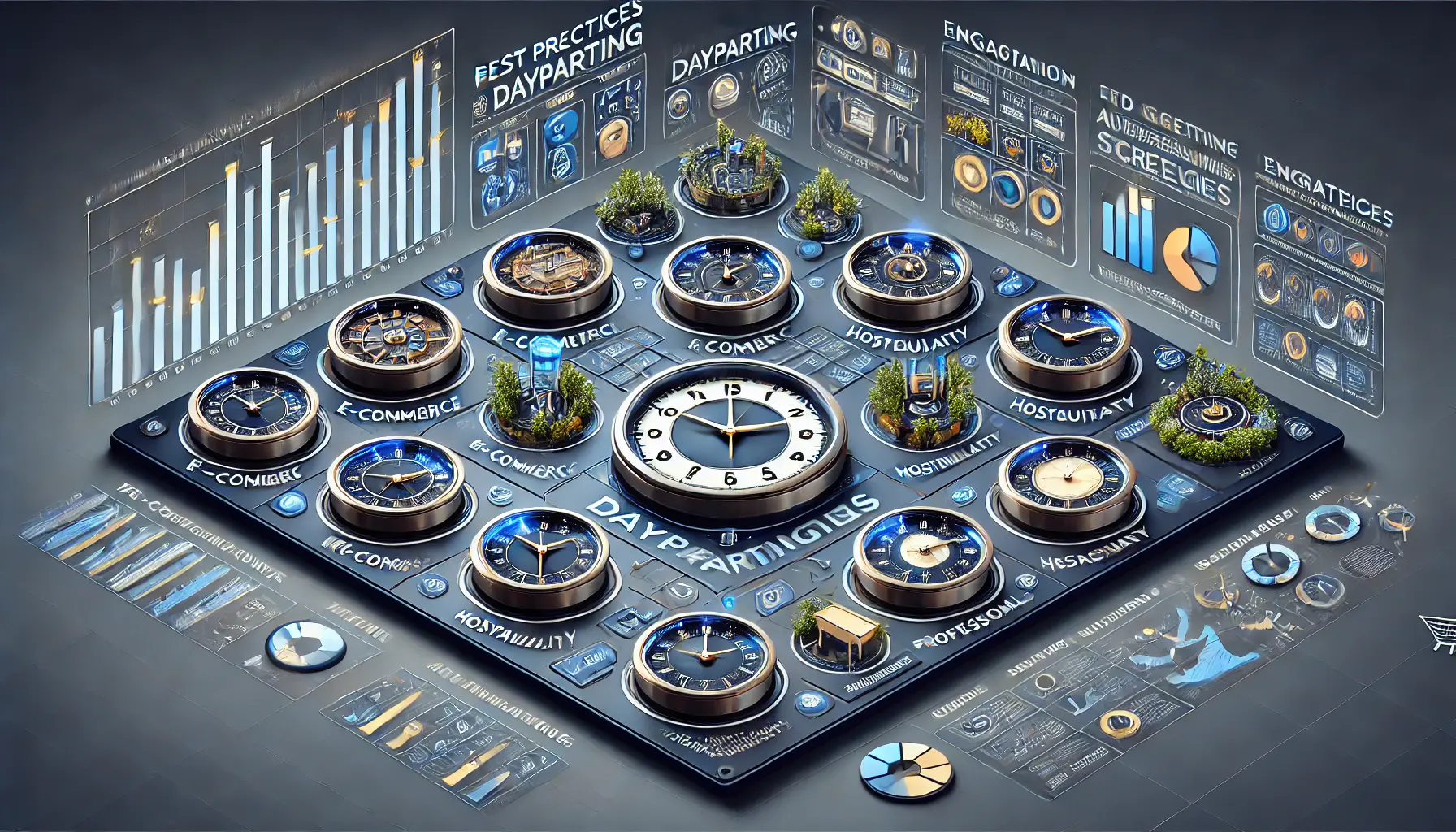 An image featuring multiple clocks representing different industries such as e-commerce, hospitality, and professional services, with corresponding icons and data graphs for dayparting best practices.