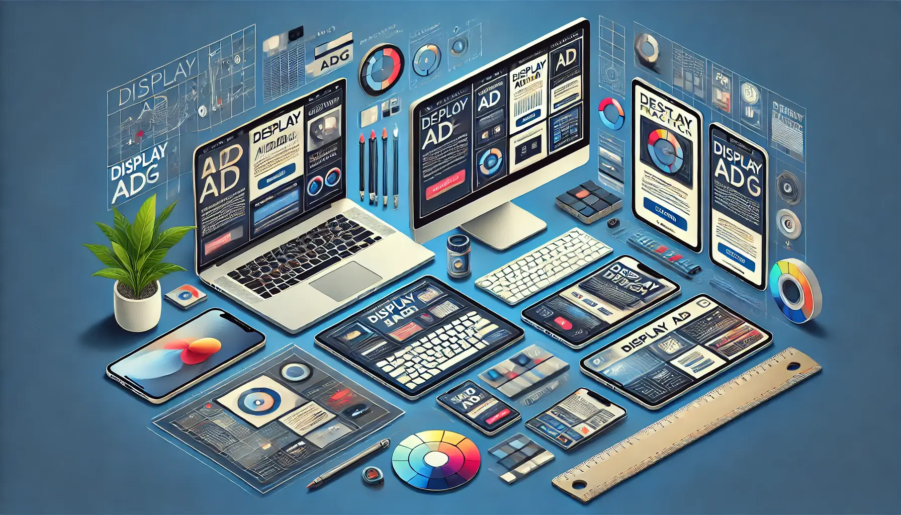 Illustration showcasing best practices for display ad design with sleek ad layouts on digital devices.