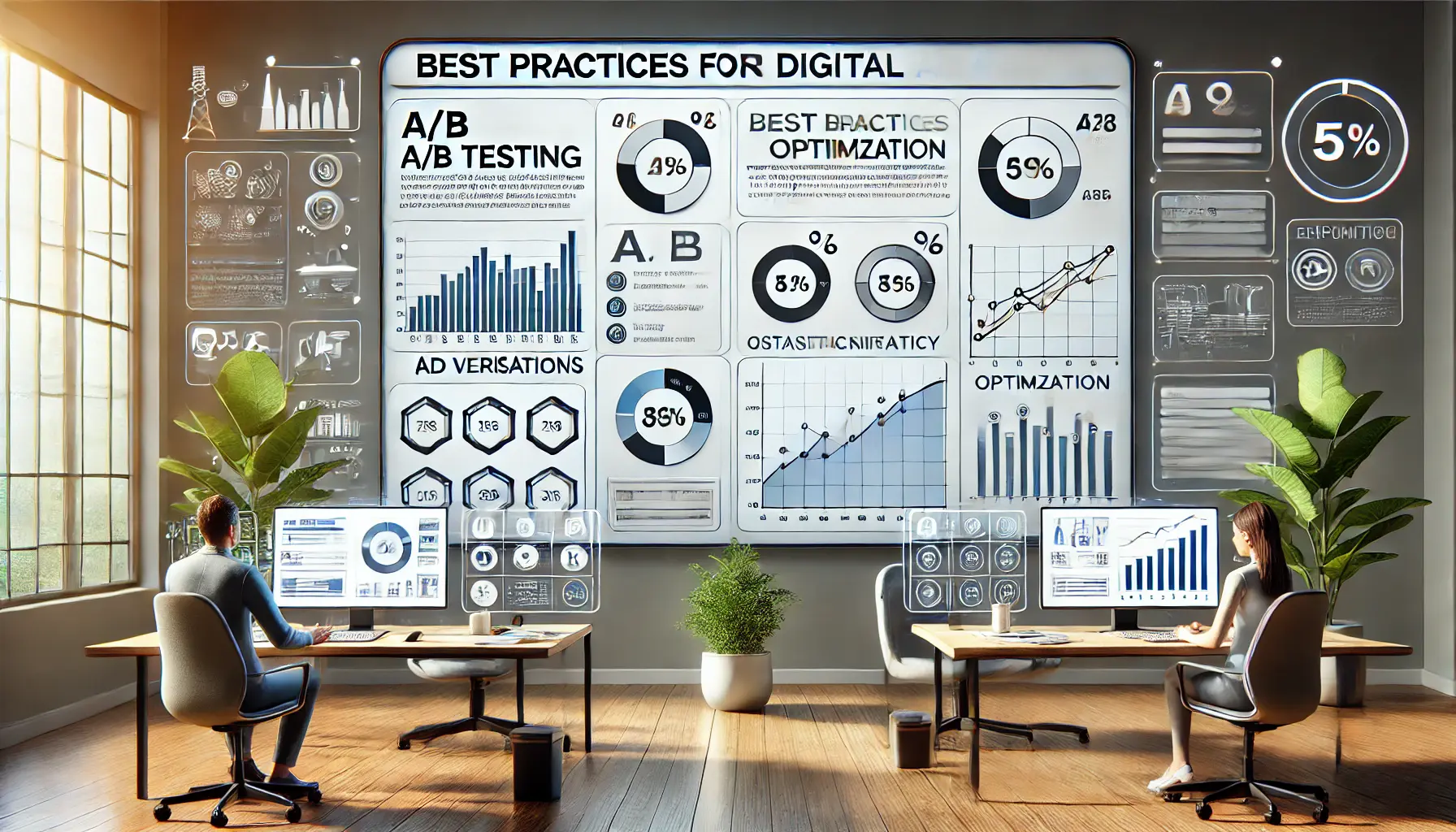 A digital dashboard displaying structured A/B testing processes with ad variations, statistical graphs, and a testing timeline.