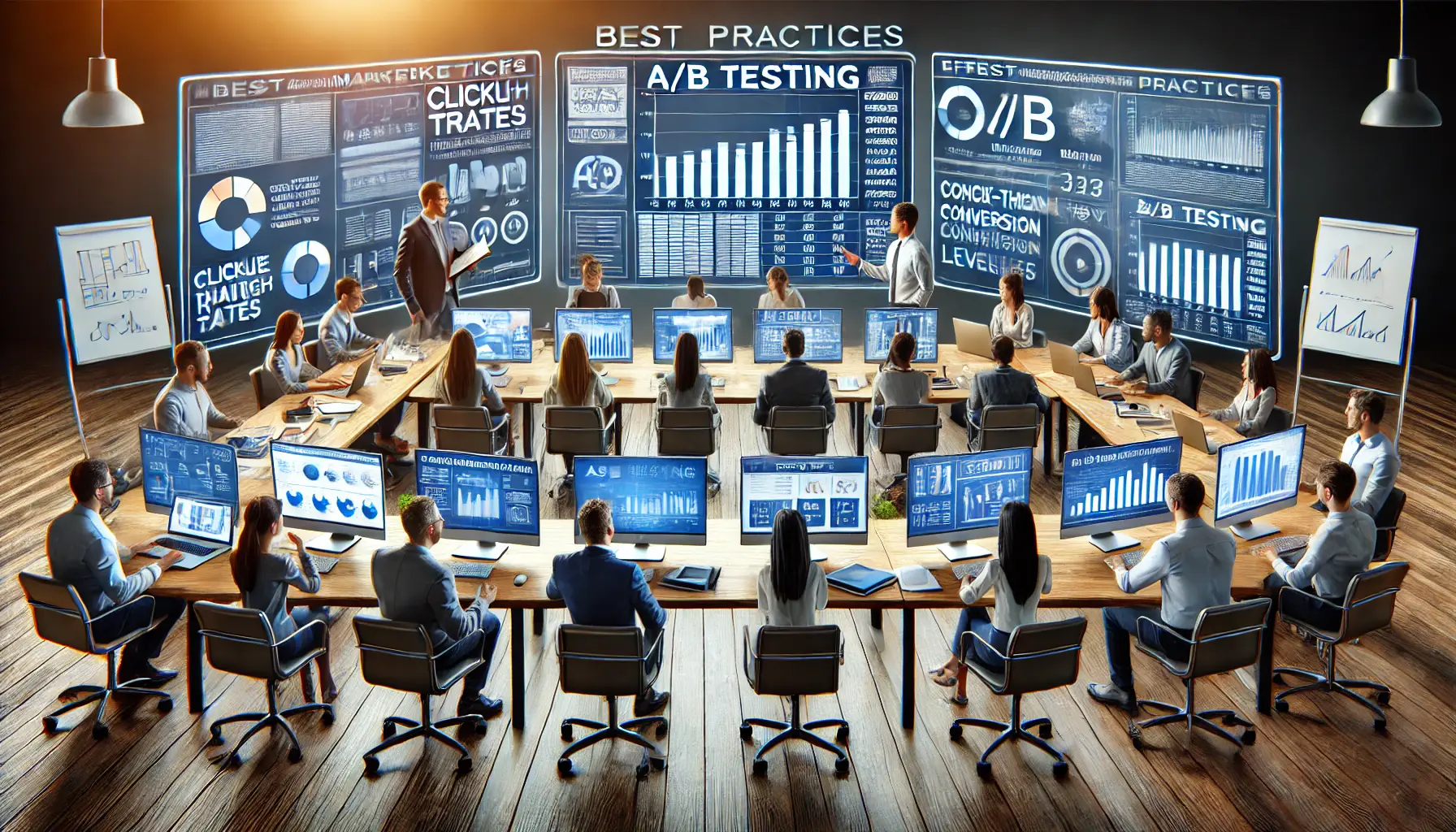 A digital marketing team analyzing multiple computer screens showing metrics like click-through rates and conversion rates to compare different ad versions.