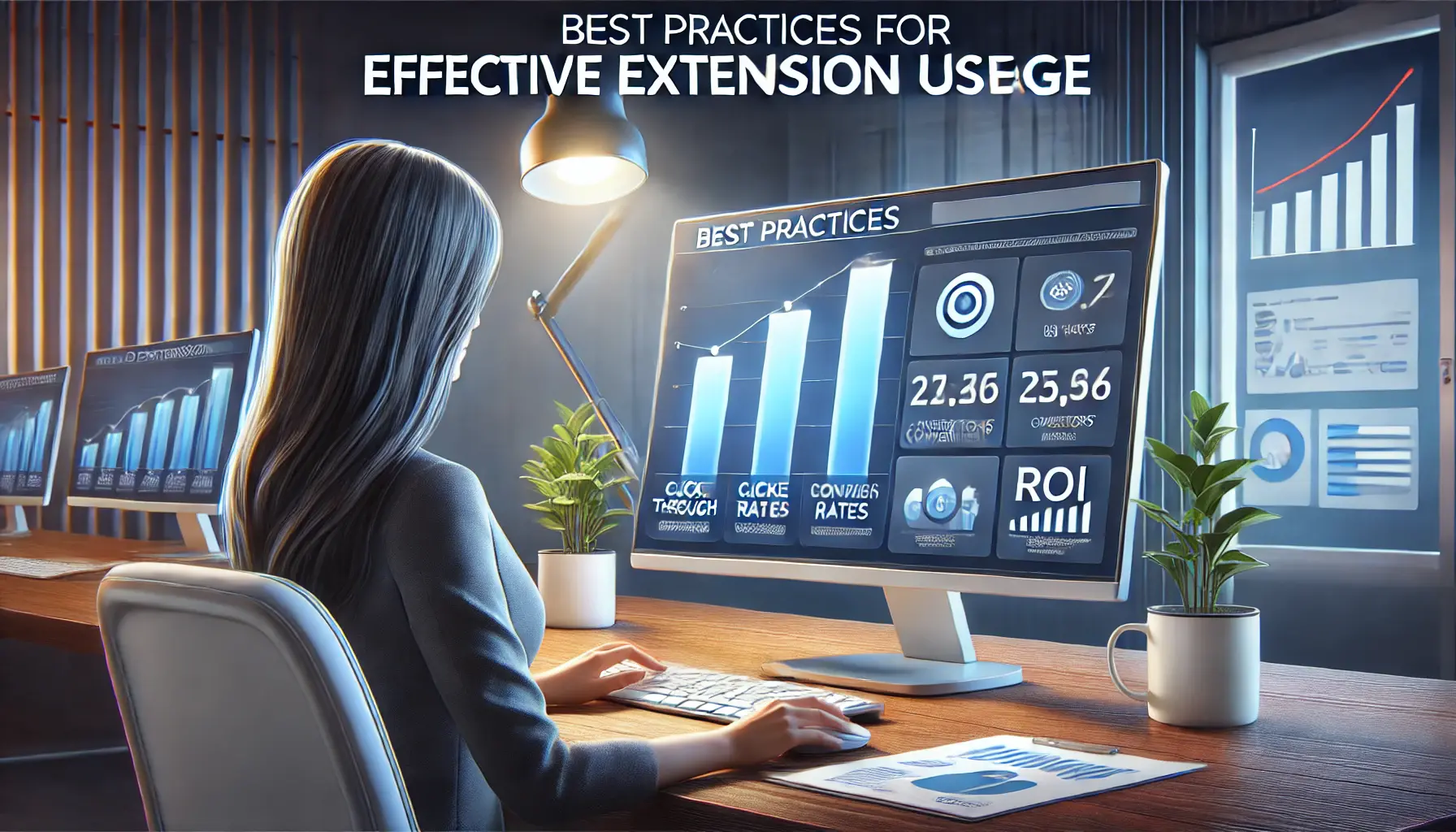 A digital marketing professional reviewing performance data for ad extensions, with graphs and metrics displayed on the screen.