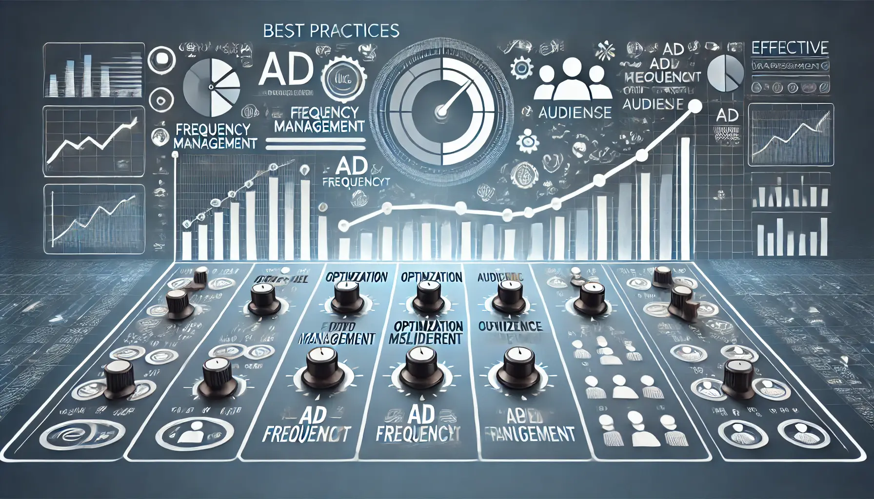 Abstract image showing optimization sliders, audience icons, and upward trending graphs, symbolizing effective frequency management in advertising.