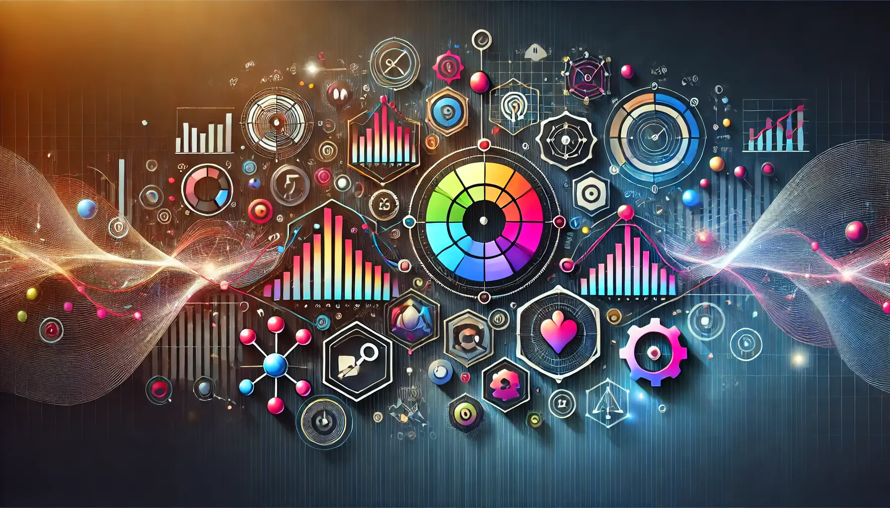 Abstract image with digital icons, optimization elements, and graphs symbolizing effective frequency management in digital advertising.