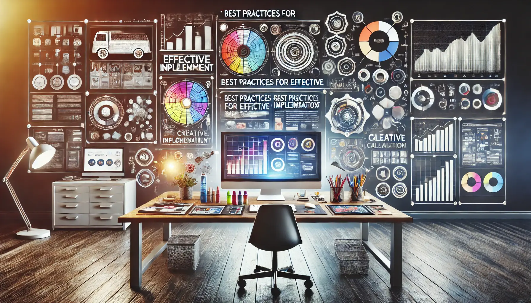 A sleek workspace displaying a digital marketing strategy with analytics and creative tools for effective implementation.