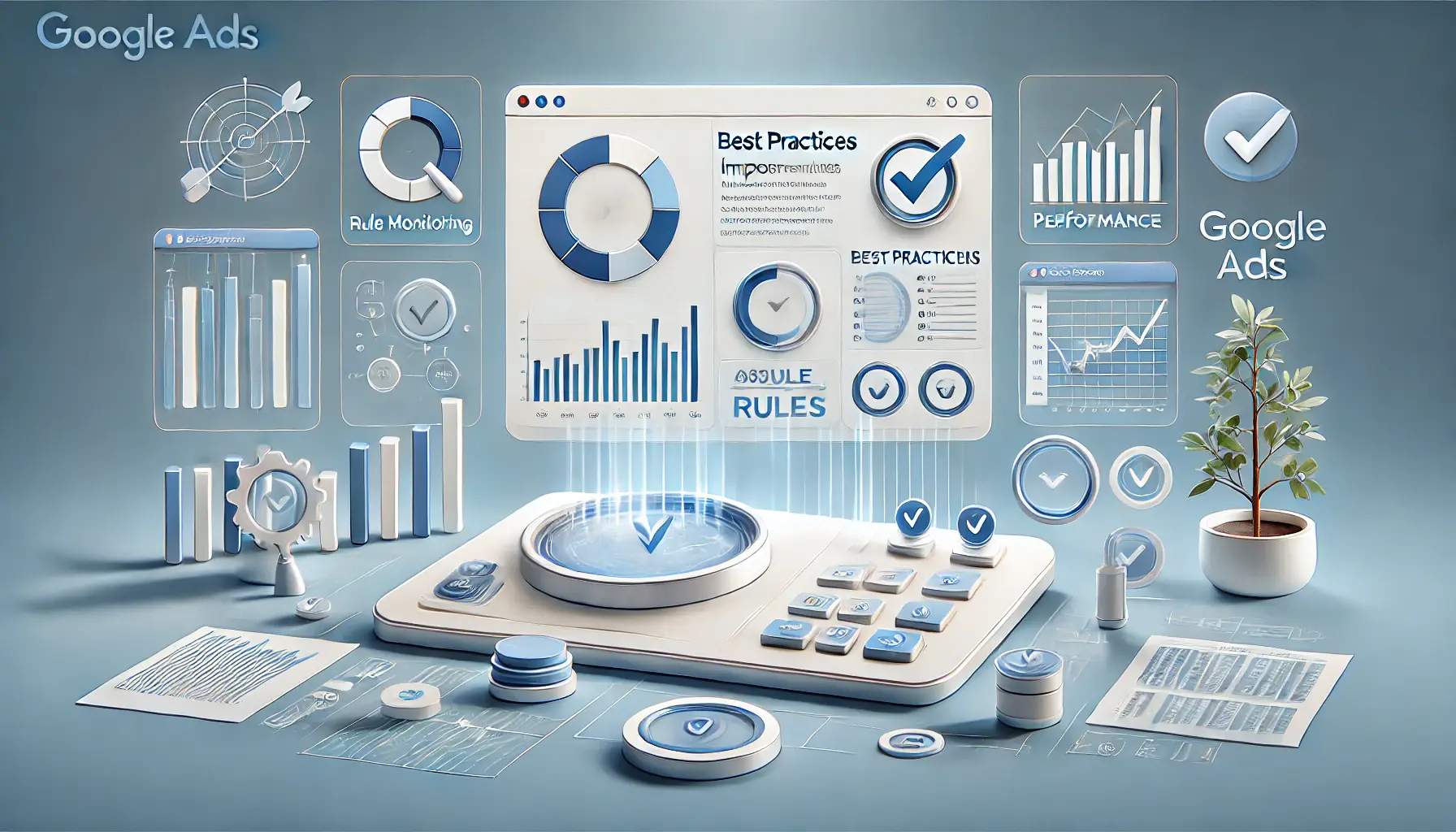 A digital interface showing performance graphs, rule monitoring, and efficiency icons, symbolizing best practices for implementing automated rules.