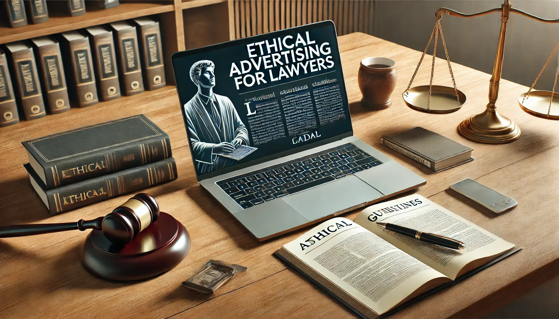 A professional office desk with a laptop displaying guidelines for ethical advertising, surrounded by legal books, a gavel, and a coffee cup.