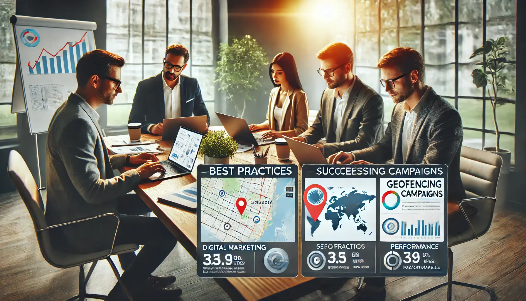 A digital marketing team collaborating in a modern office, discussing best practices for geofencing campaigns, with laptops showing maps and analytics.