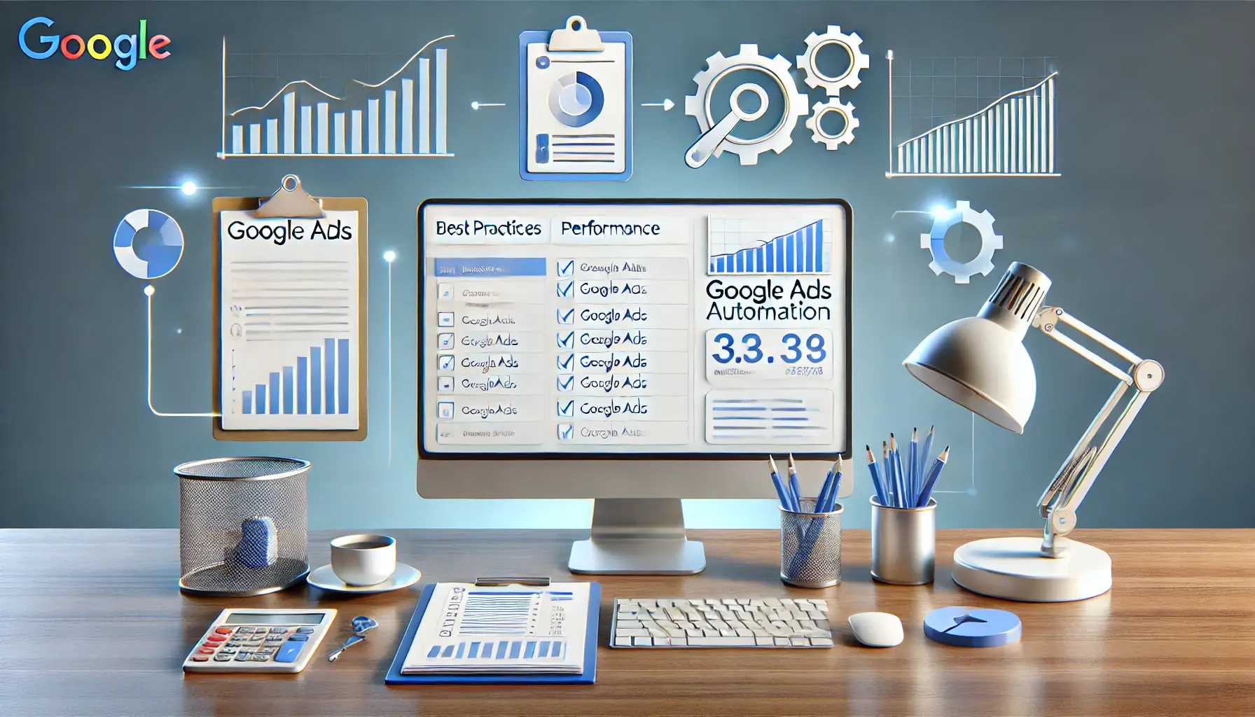 A workspace showcasing a Google Ads campaign dashboard surrounded by icons like a checklist, performance graphs, and gears.