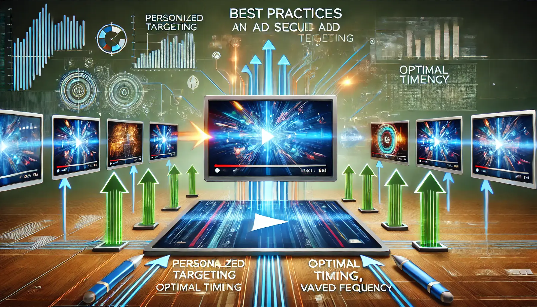 A video player interface showing multiple sequential video frames with arrows, depicting personalized targeting, optimal timing, and varied frequency in ad sequencing.