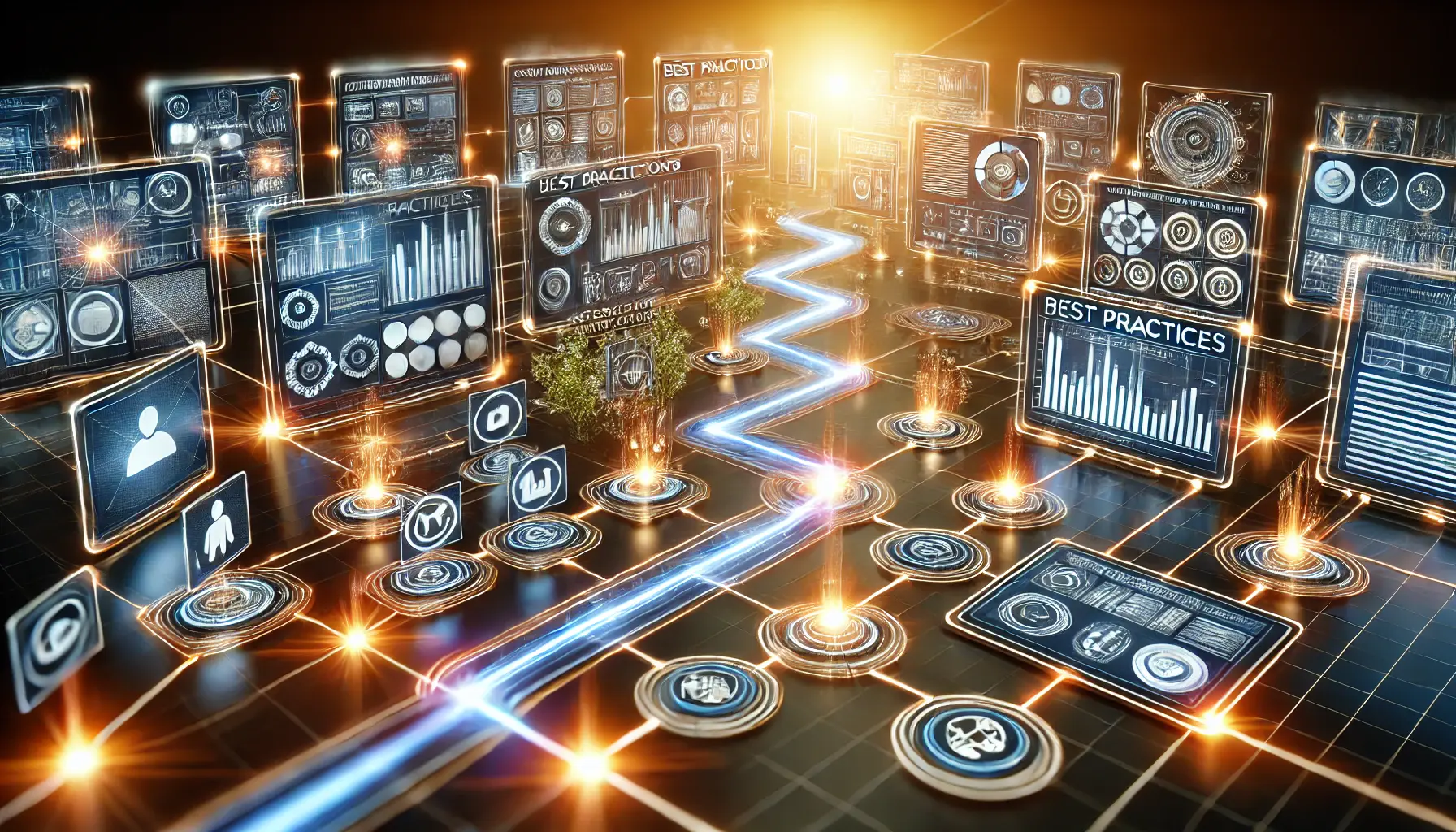 A dynamic illustration showing best practices for implementing interactive sequencing with glowing, interactive screens connected by lines.