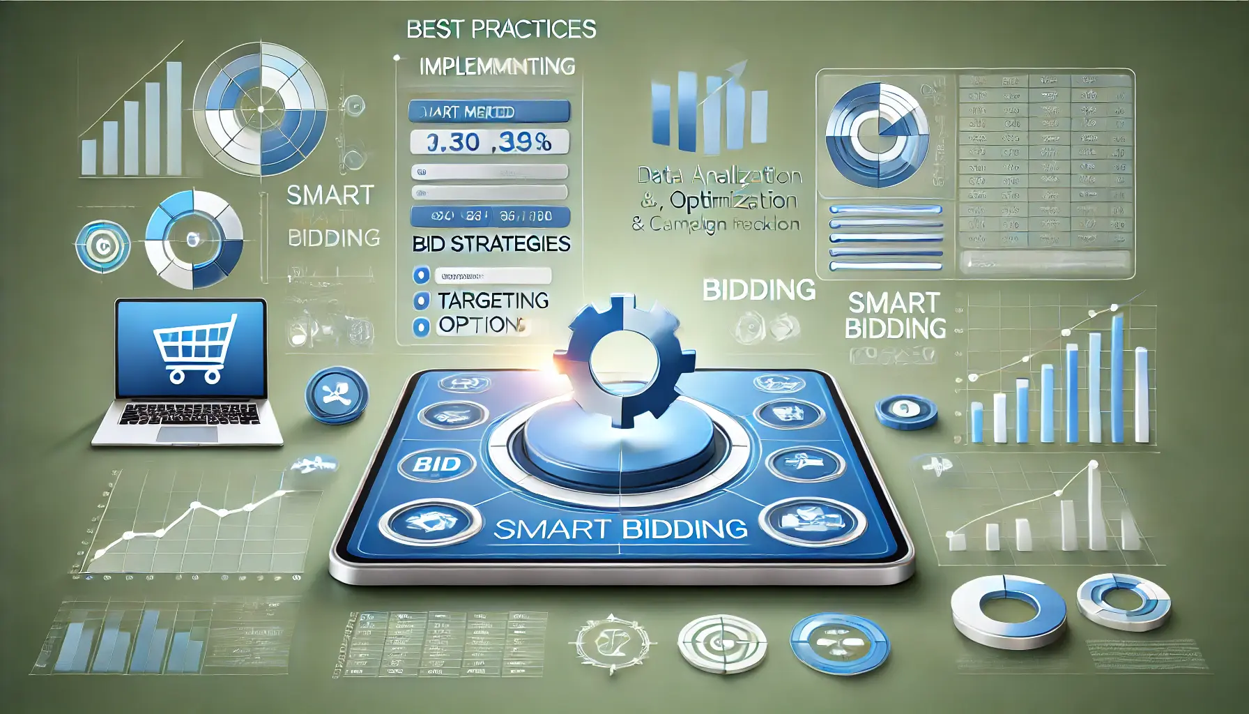 Digital marketing platform showing settings for bid strategies, targeting options, and performance tracking, symbolizing best practices for smart bidding.