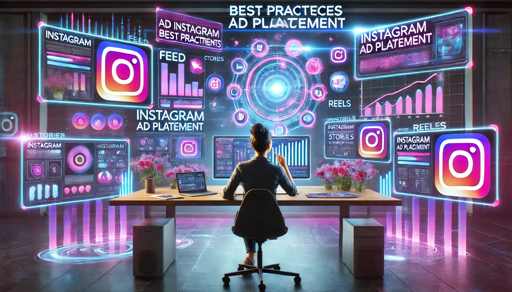 A creative professional analyzing Instagram ad strategies across multiple monitors, with floating holographic-style visuals displaying ad placements and performance metrics in a modern workspace.