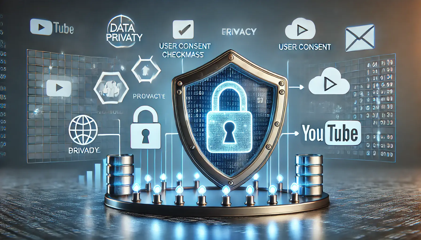 A secure shield with privacy icons like a lock, consent checkmarks, and data streams leading to an encrypted database, with a YouTube play button in the background.