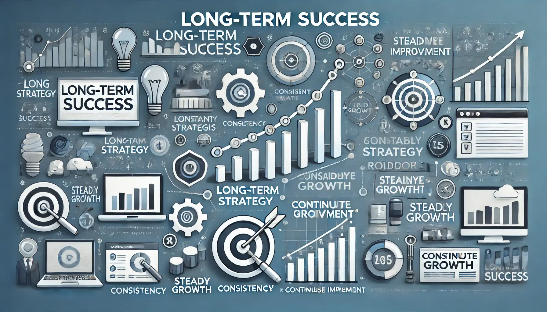 An image illustrating best practices for long-term success in marketing, with elements like growth graphs, data analysis, and a strategy roadmap emphasizing consistency and improvement.