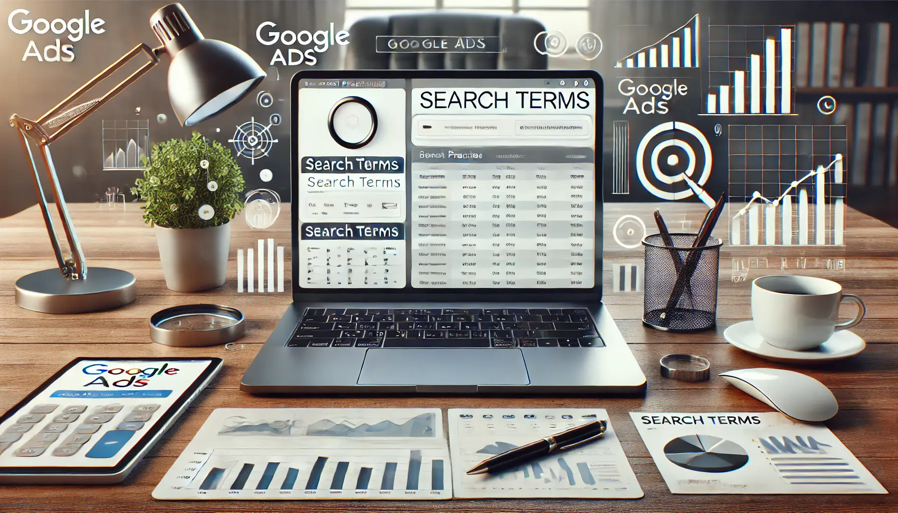 A digital marketing workspace showing a laptop with a Google Ads dashboard displaying search term data, surrounded by performance charts and graphs.