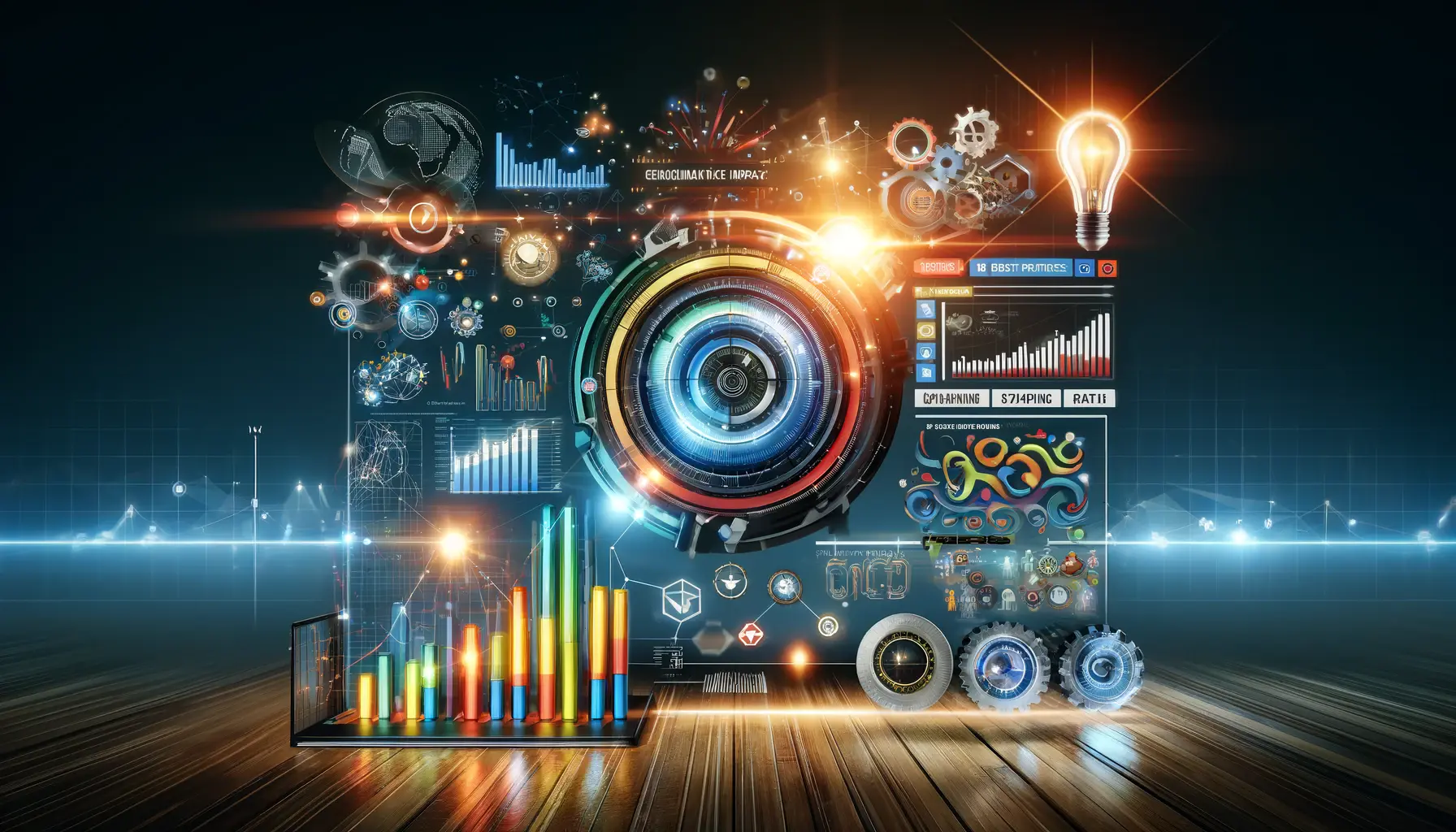 A digital marketing dashboard displaying metrics like engagement and conversions, surrounded by strategic symbols.