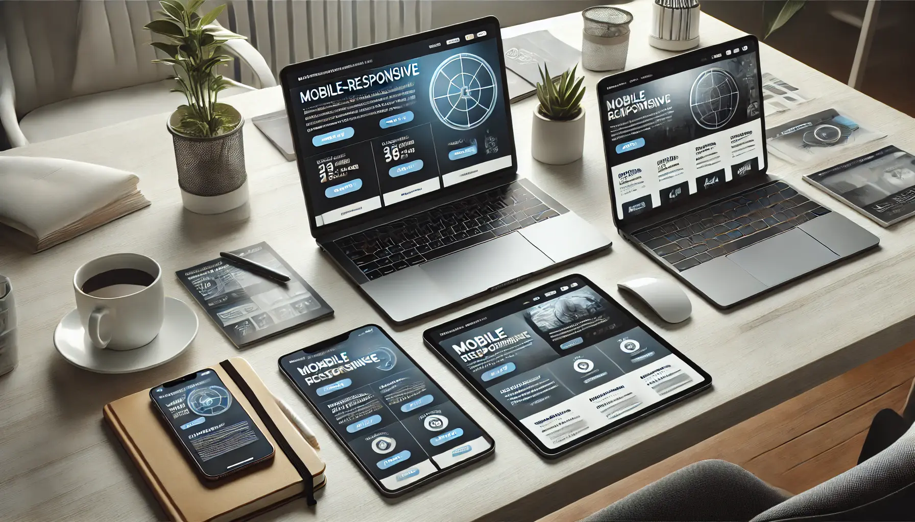 A workspace with multiple devices displaying a mobile-responsive landing page design featuring user-friendly navigation and optimized elements.