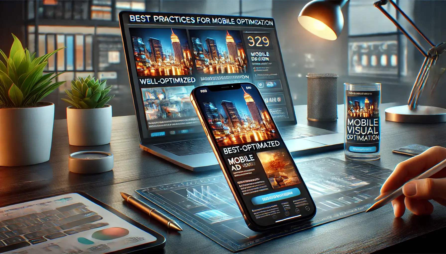 Modern workspace showcasing mobile visual optimization practices with optimized ads on smartphone, laptop, and tablet.