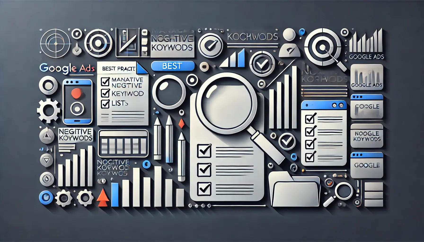 Abstract representation of best practices for negative keyword management, featuring organized keyword lists, filters, and checkmarks.