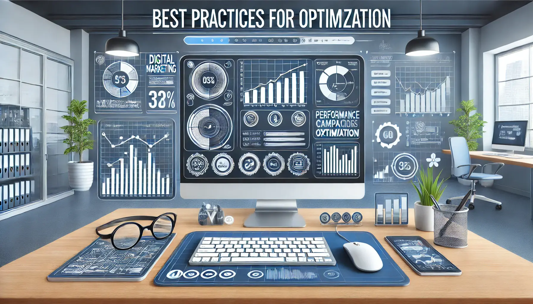 A digital illustration of a modern digital marketing workspace with a computer screen displaying a dashboard of ad campaign performance and optimization settings like sliders, graphs, and metrics.