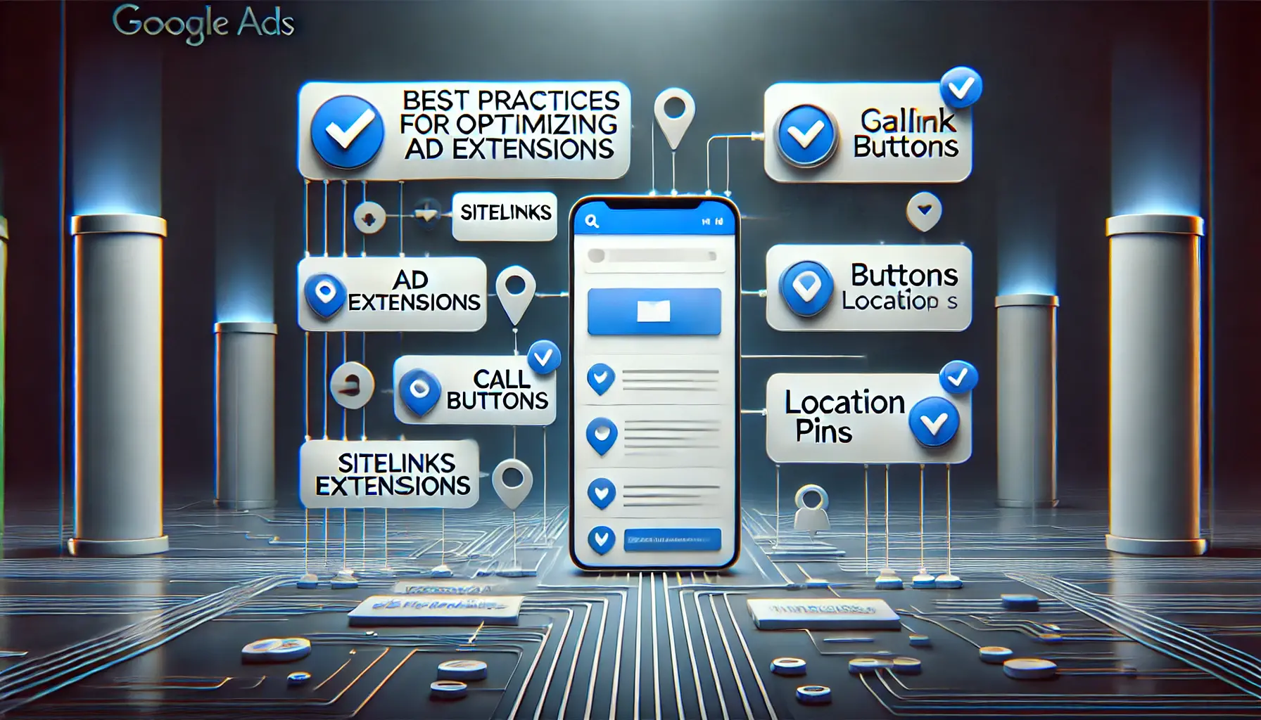 An image showcasing the optimal integration of ad extensions in Google Ads, with different extensions like sitelinks, call buttons, and location pins in a well-organized interface.