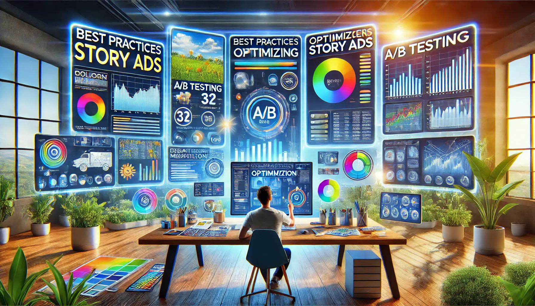 A digital workspace with multiple screens showing analytics and A/B testing results for optimizing story ads, with creative tools and mobile devices.