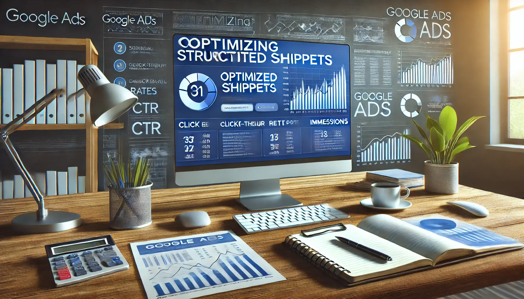 A Google Ads dashboard displaying performance metrics like CTR and impressions for structured snippets in a professional workspace.