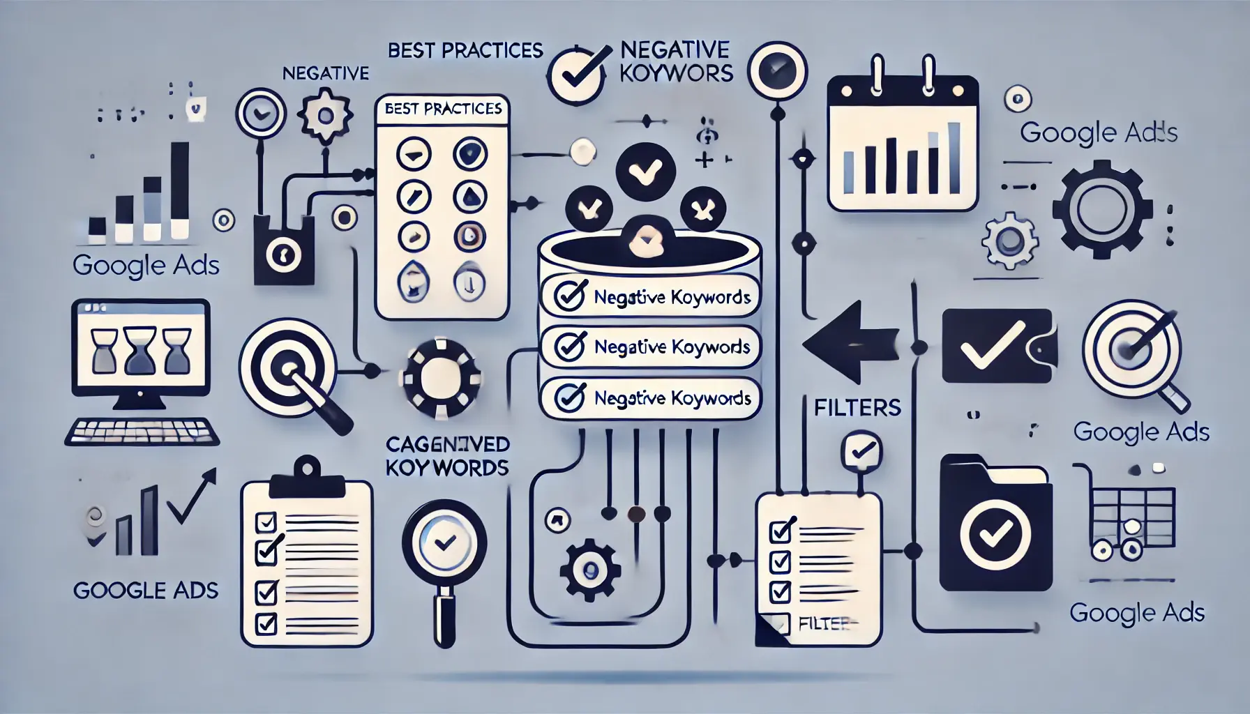 Abstract representation of organizing and managing negative keywords with icons like checklists, folders, and arrows.