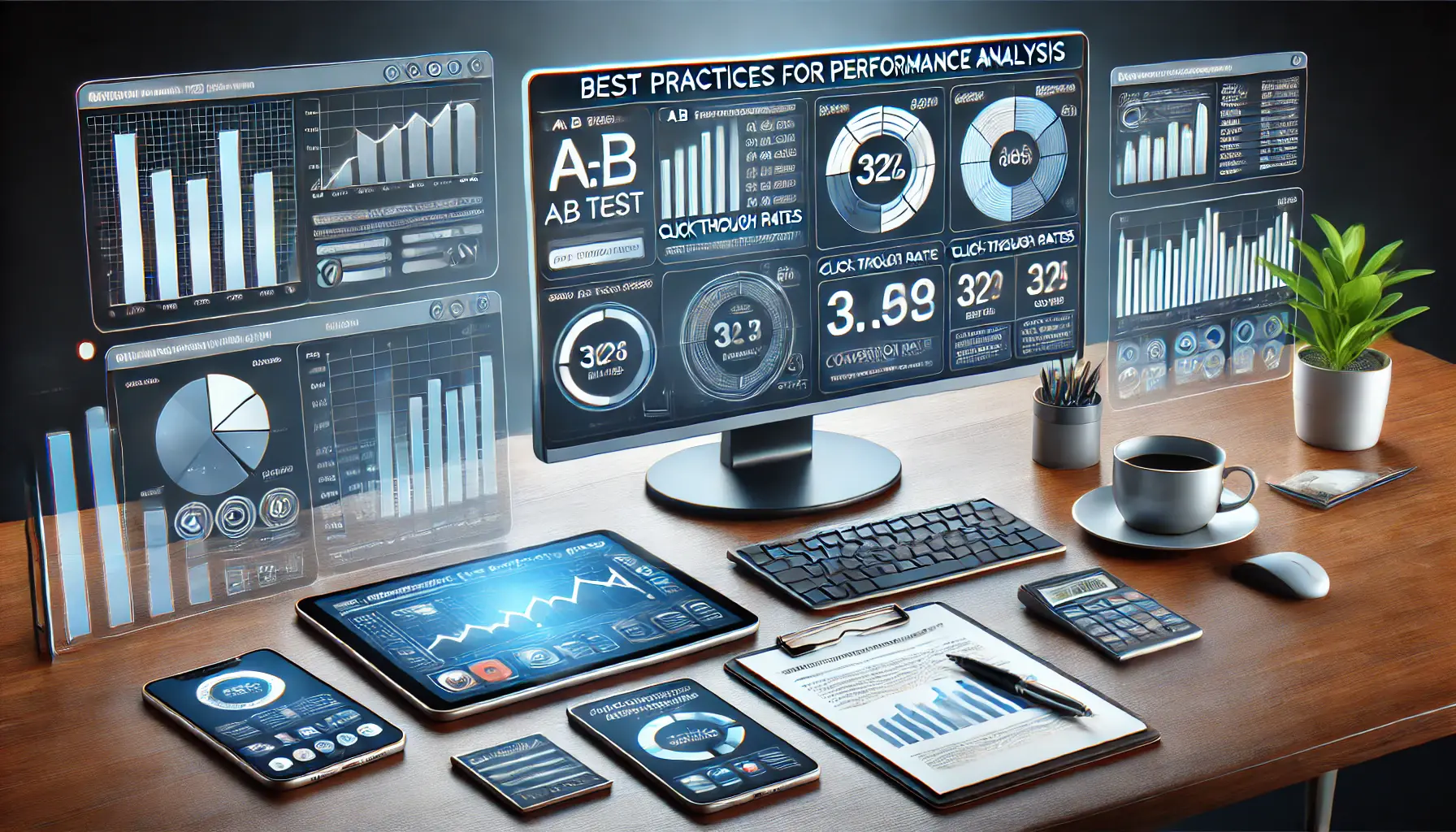 A digital marketing workspace with a monitor displaying performance metrics like A/B test results, click-through rates, and conversion analysis.