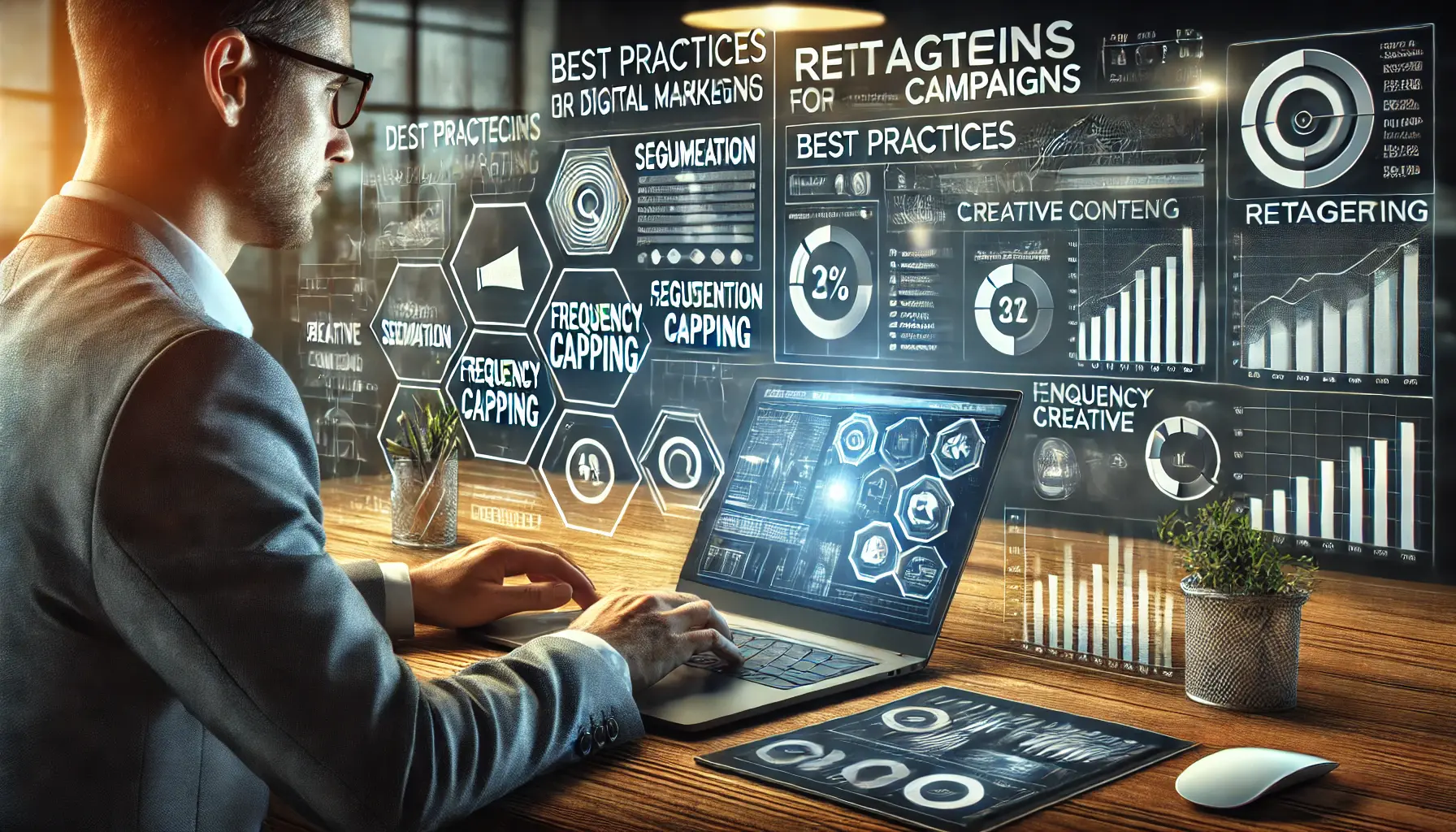 A digital marketing professional analyzing data on a laptop or tablet, highlighting best practices for retargeting campaigns.