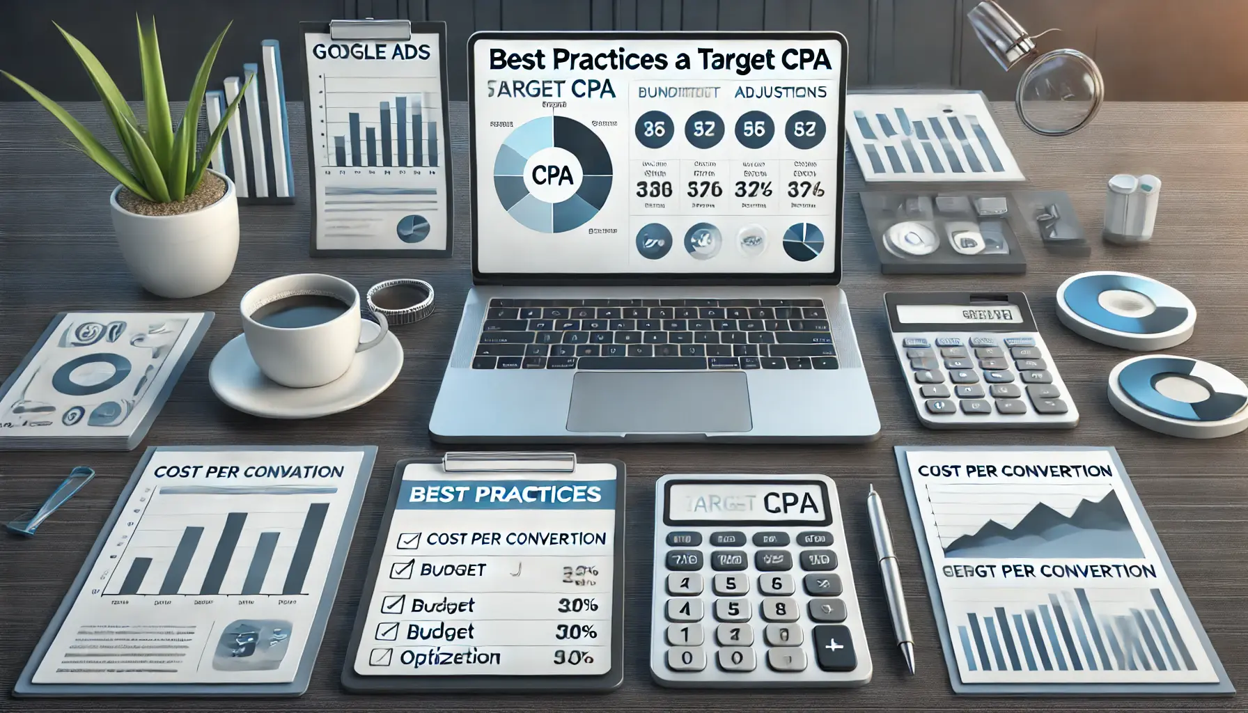 A professional workspace showing a laptop displaying a Google Ads campaign dashboard with graphs, and a tablet with a checklist of key campaign factors, surrounded by planning tools.