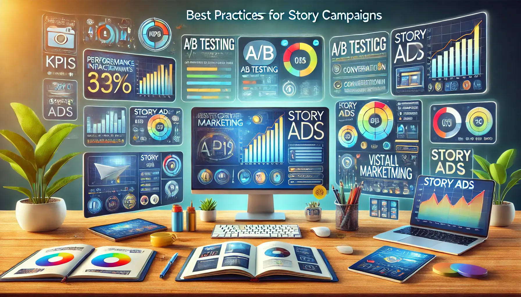 A digital marketing workspace with multiple monitors displaying data, A/B testing results, and performance metrics for optimizing story ad campaigns.