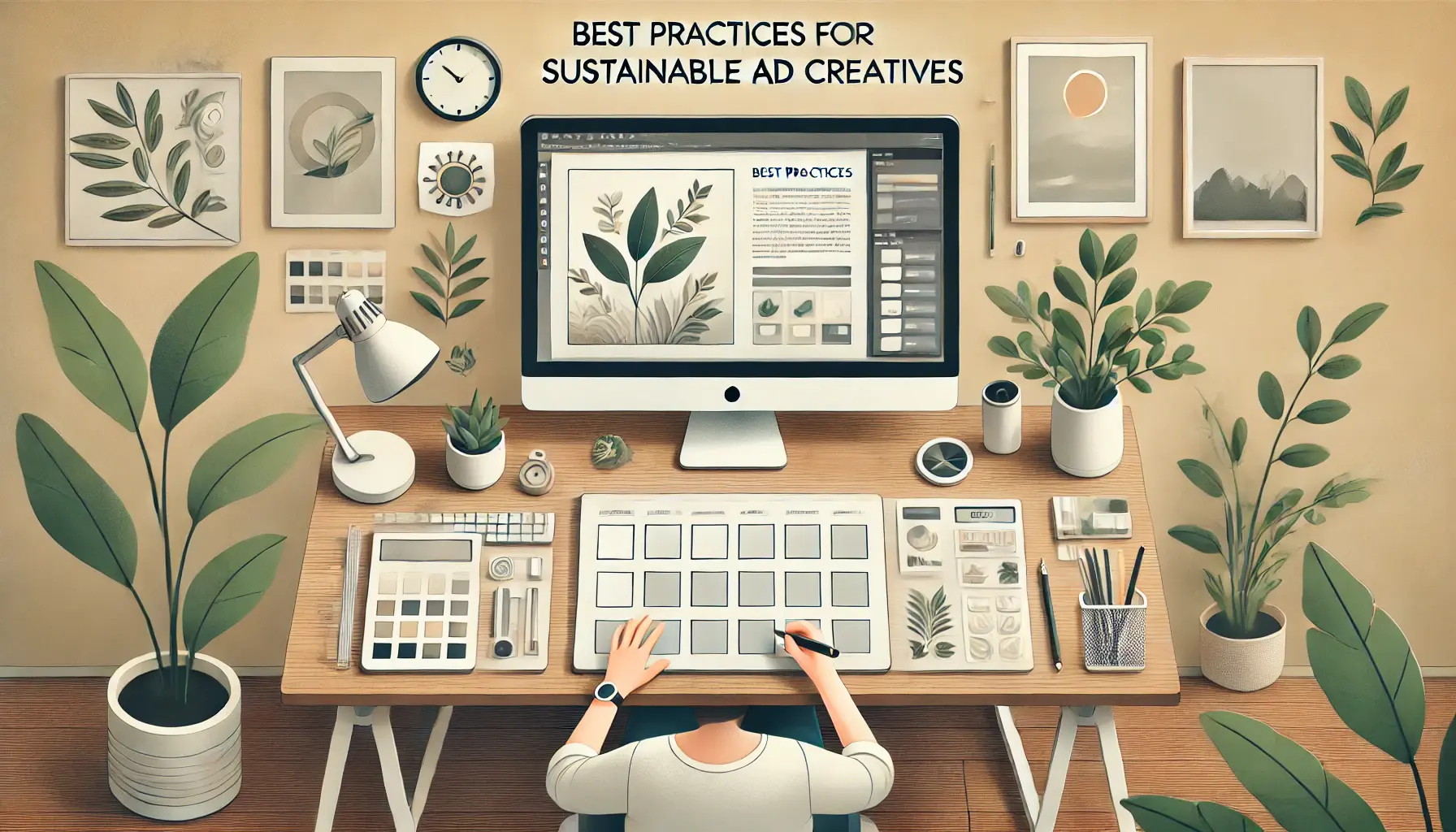 Illustration showing a designer creating an eco-friendly ad with minimalist design elements like leaves and natural earth tones.