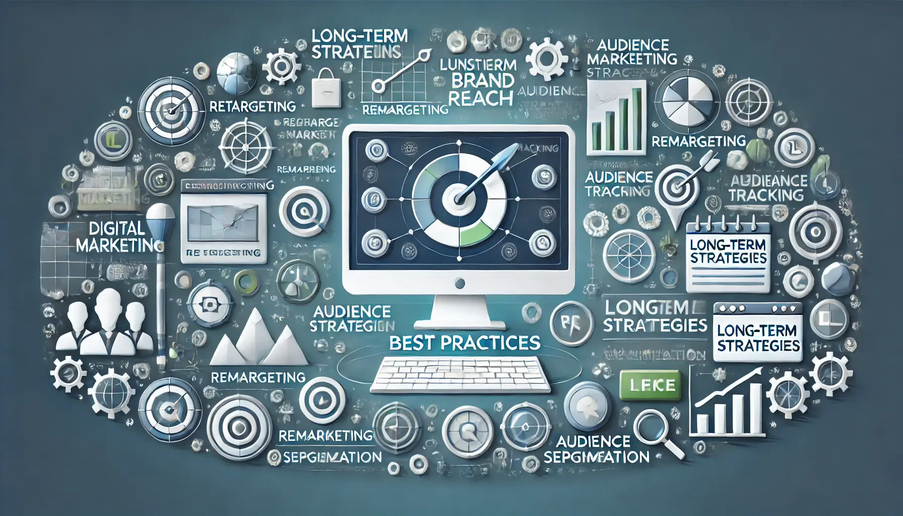 Digital marketing dashboard displaying long-term strategies like retargeting, remarketing, and audience segmentation for sustained brand reach.