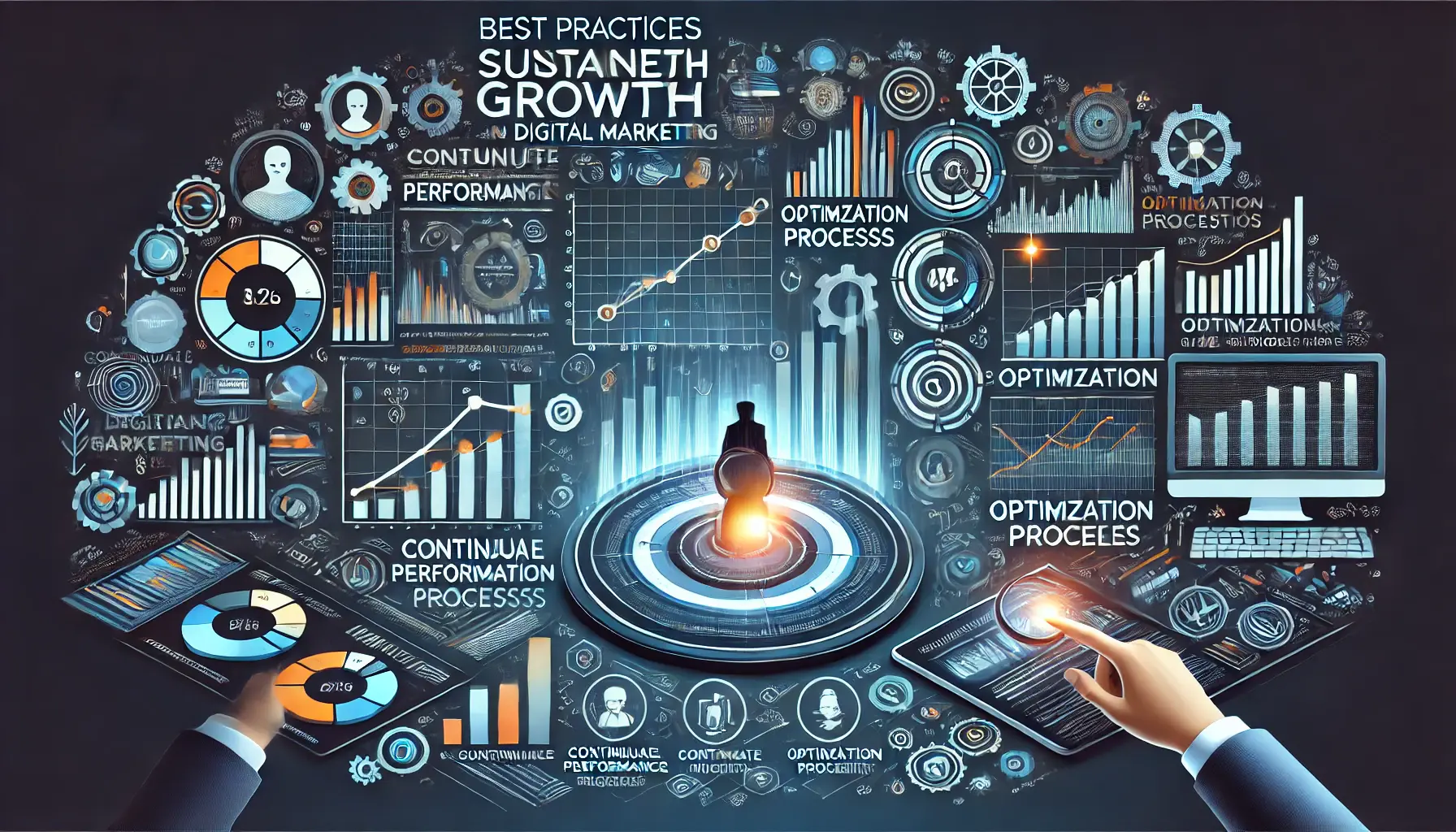 An image showing a digital marketer using data and insights to optimize strategies for sustained growth in digital marketing, with visual elements like graphs, growth indicators, and audience engagement.