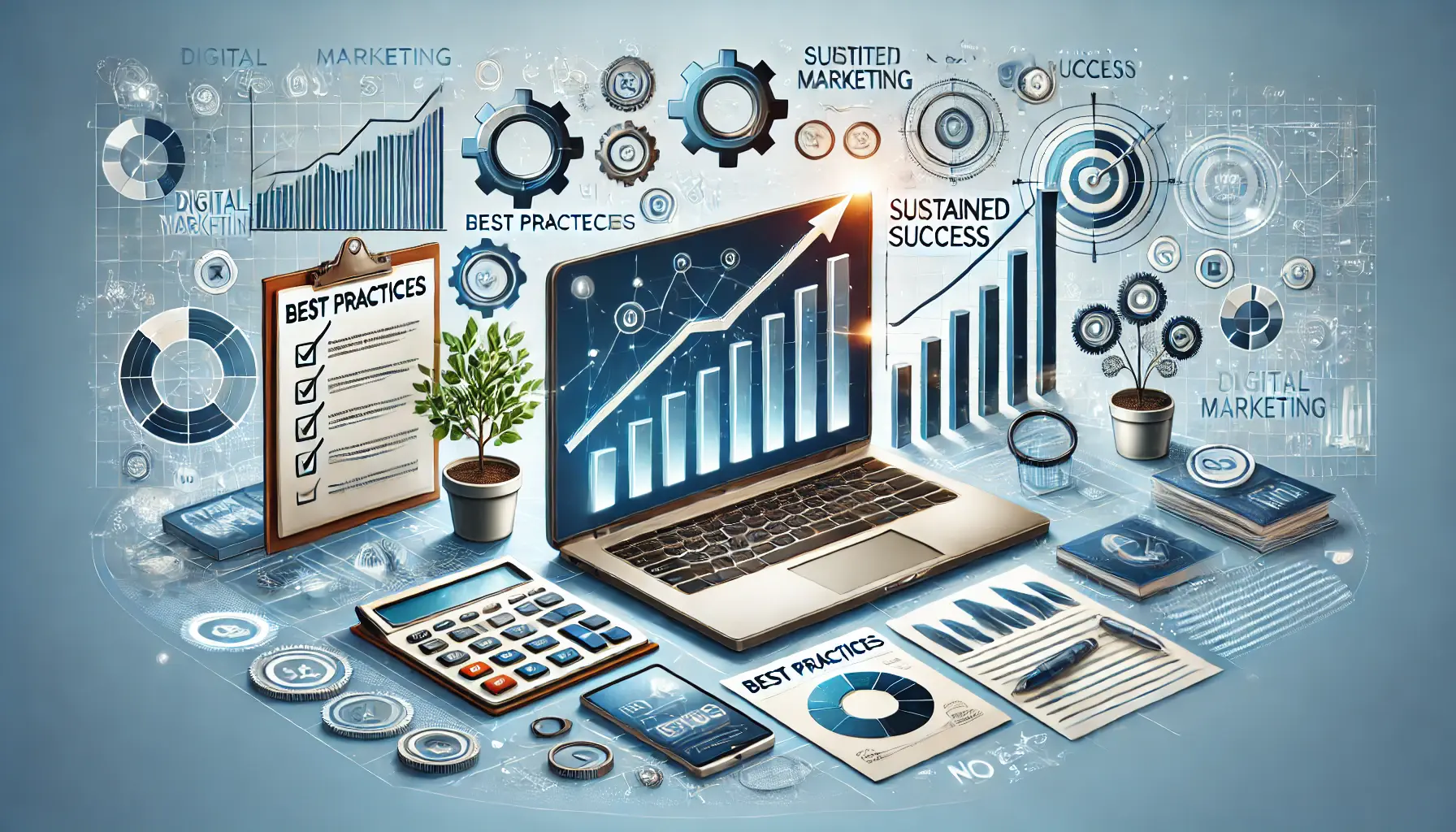 A digital marketing scene showing a professional workspace with a laptop, checklist of goals, upward-trending graphs, and gears symbolizing ongoing optimization.