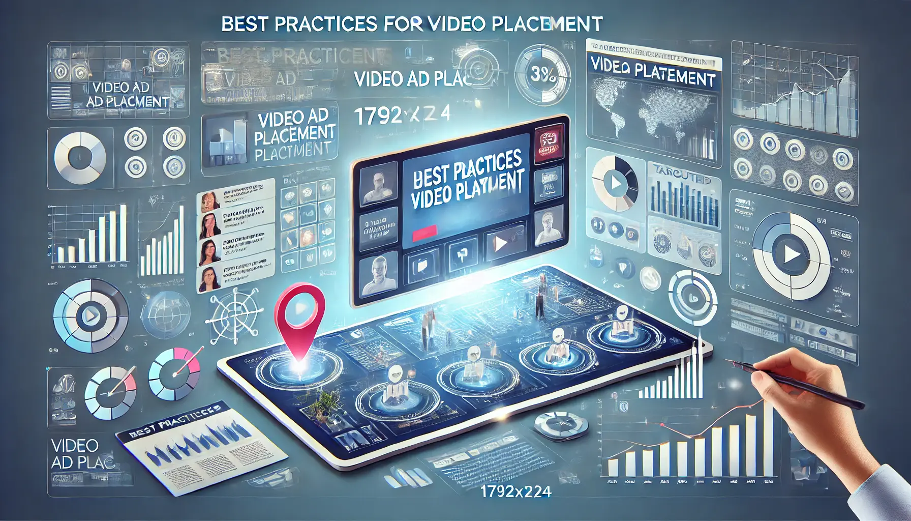 Illustration of video ad placement best practices with a dashboard displaying ad placement options, engagement metrics, and audience insights.