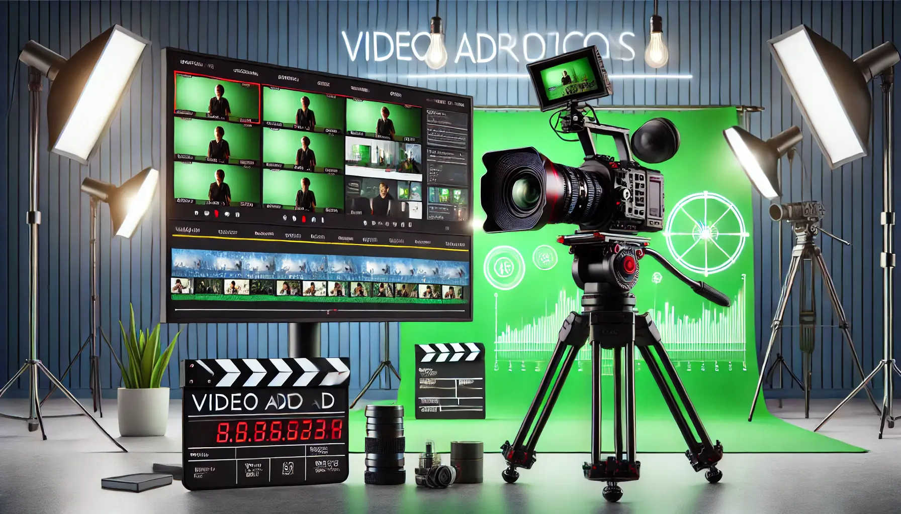 A professional video production setup with a camera, lighting, green screen, and storyboard displayed on a monitor.