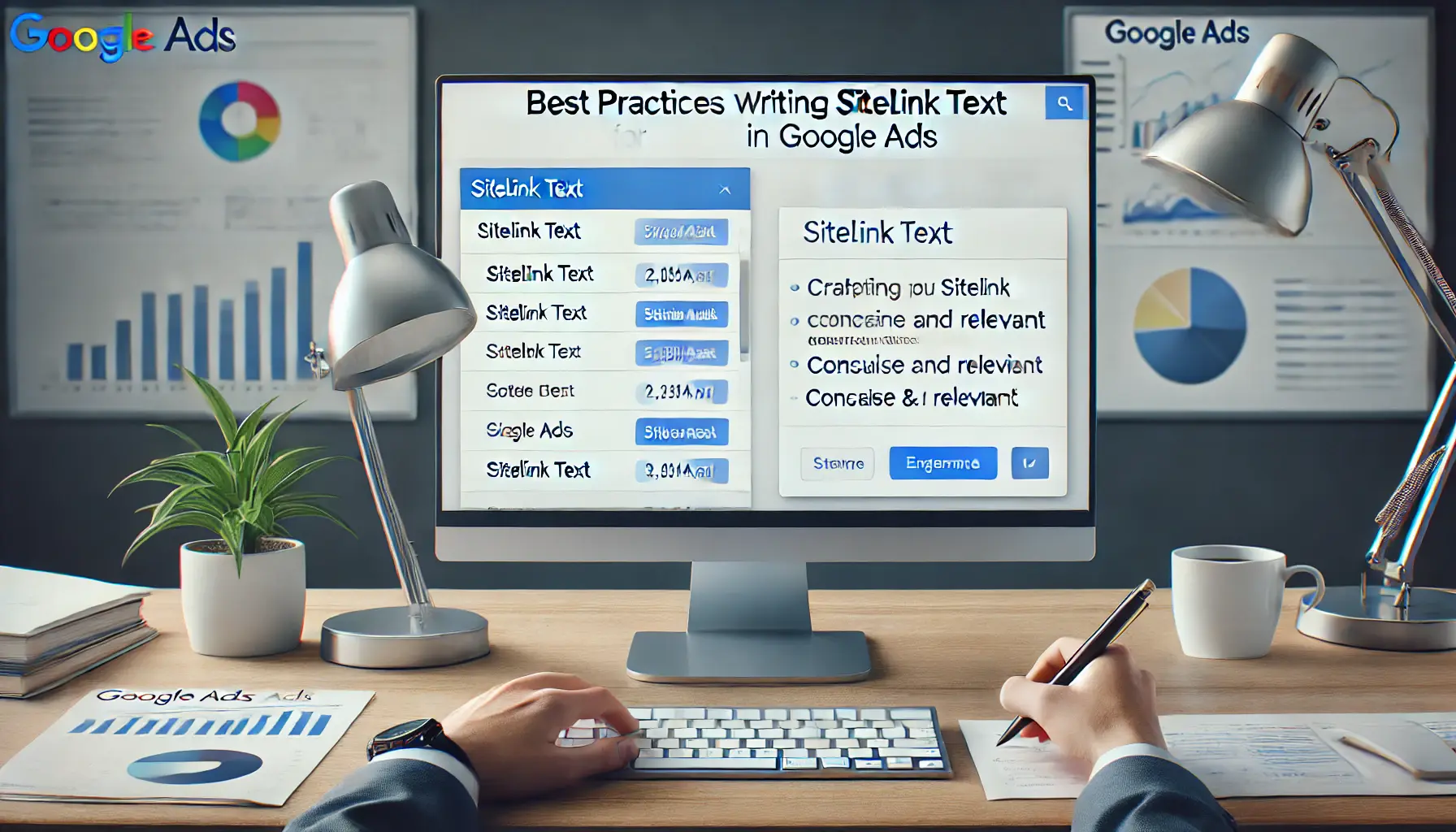 A Google Ads interface displaying the process of editing concise and relevant sitelink text with a professional workspace background.