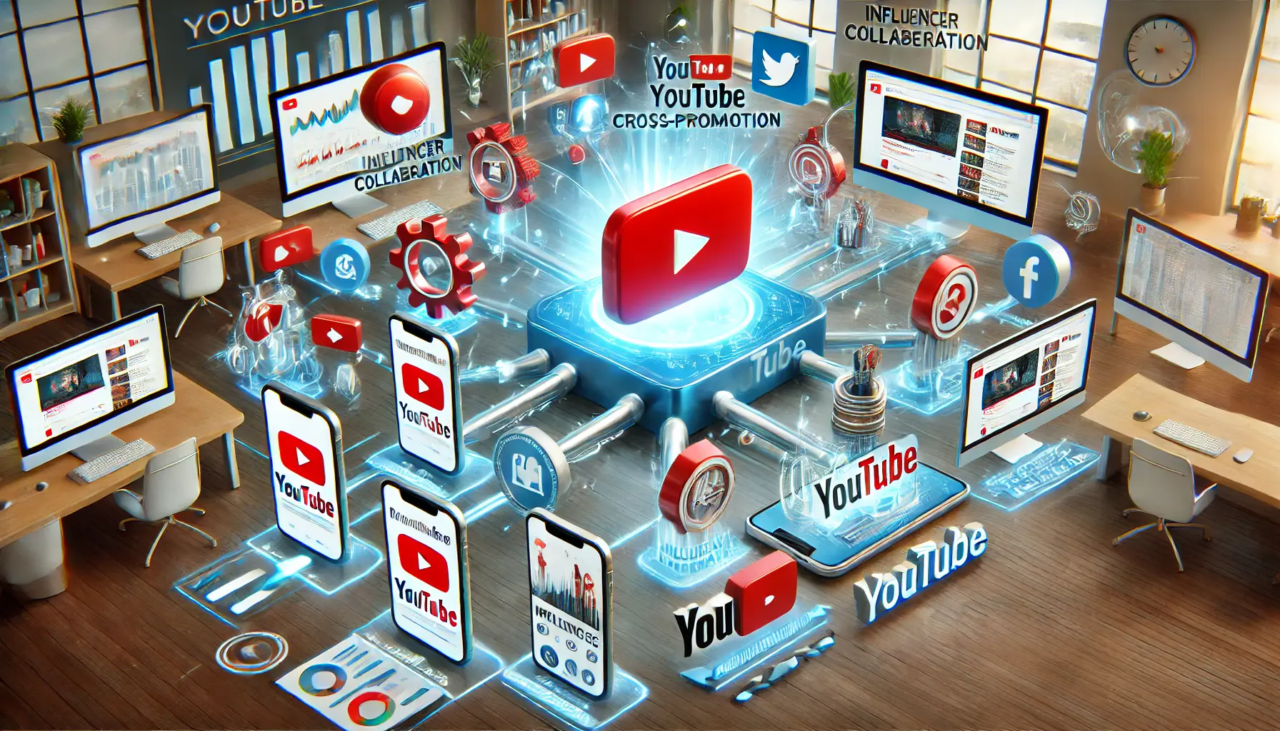 An illustration showing various digital marketing tools like social media platforms, YouTube video players, and influencer collaboration icons connected to devices for cross-promotion.