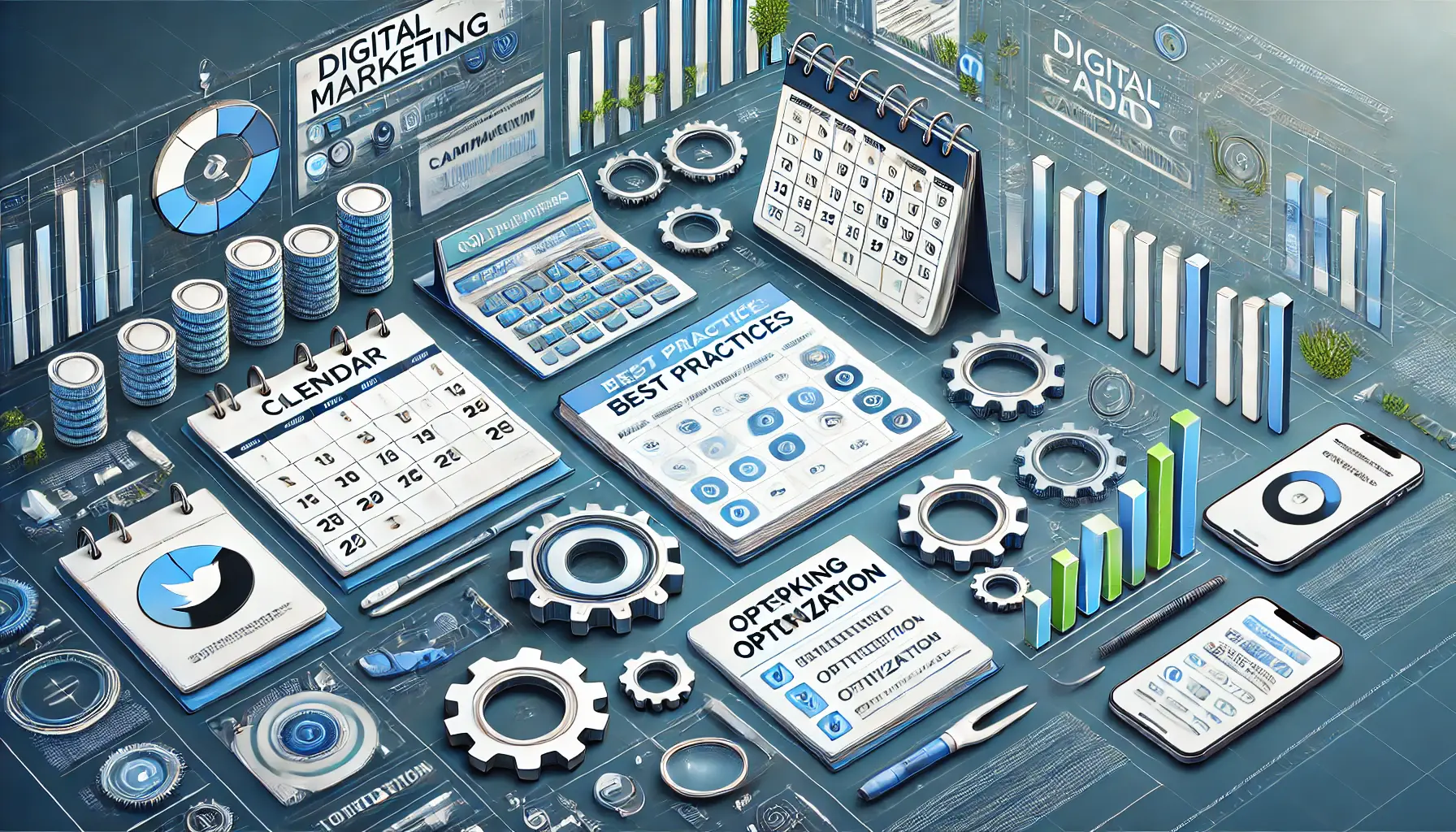 A digital marketing scene showing key elements for ad campaign success, including a calendar, checklist, bar graphs, and optimization tools.